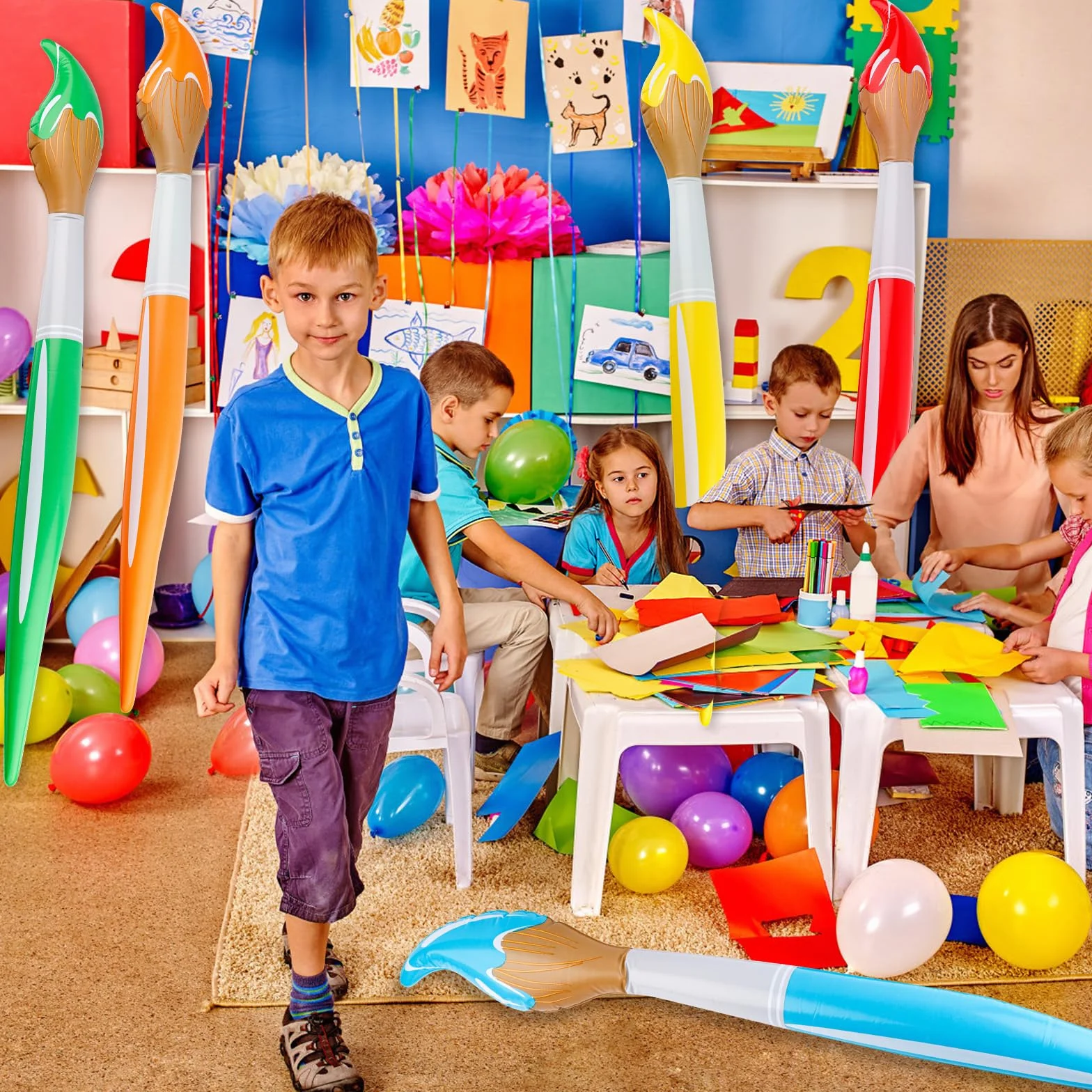 BOXOB 5pz Pennelli Gonfiabili Giganti, Set Pennelli Colorati Gonfiabili 105cm Grandi Palloncini con Pennello Ideali per Ritorno a Scuola per Compleanni Feste Artistiche e Pittura(5 Colori)