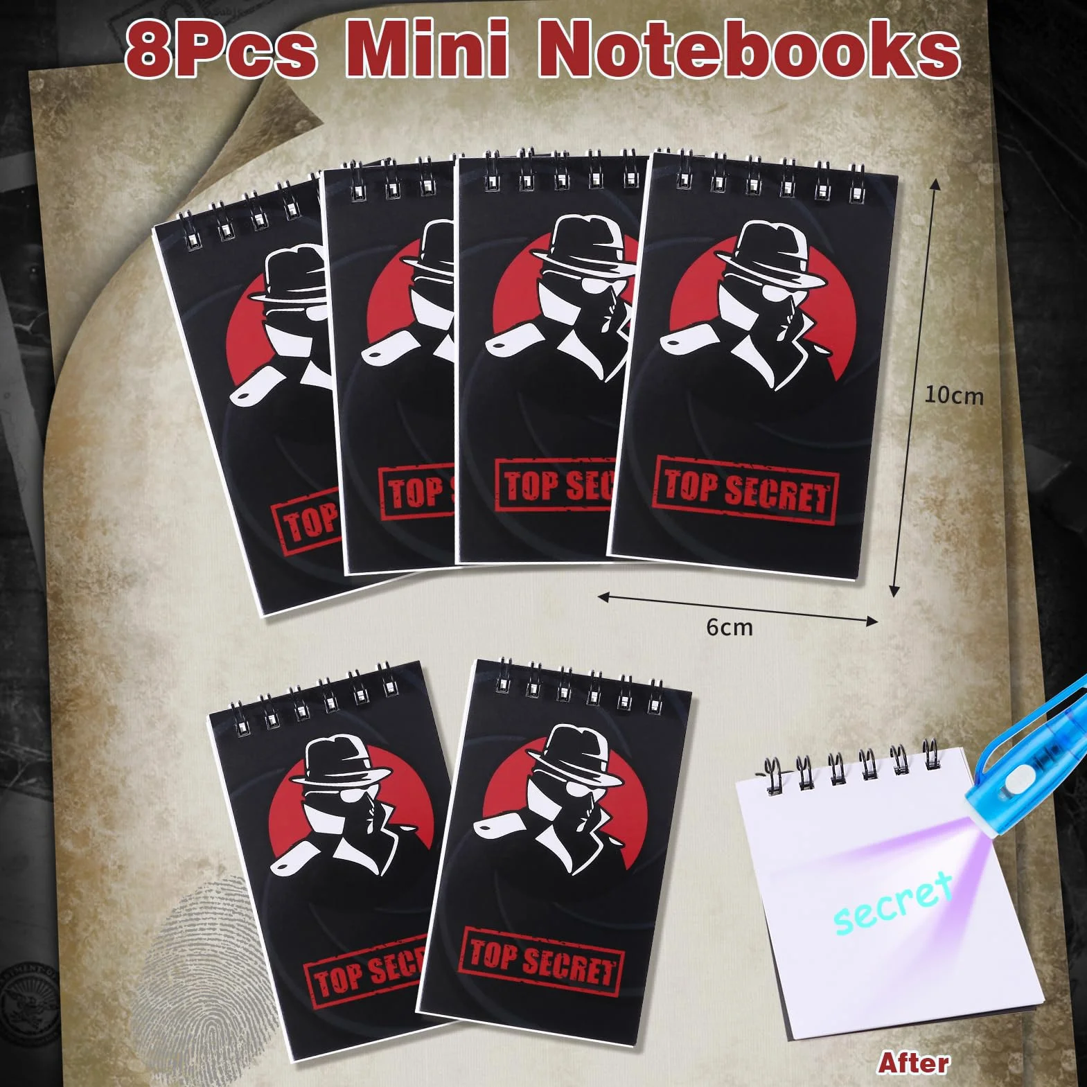 Detective Gadget Compleanno Bambini con Penna invisibile e Taccuino, Carte D'identità Detective, Lente D'Ingrandimento,Tamponi per Impronte Digitali, Kit Spionaggio Gioco Detective per Bambini