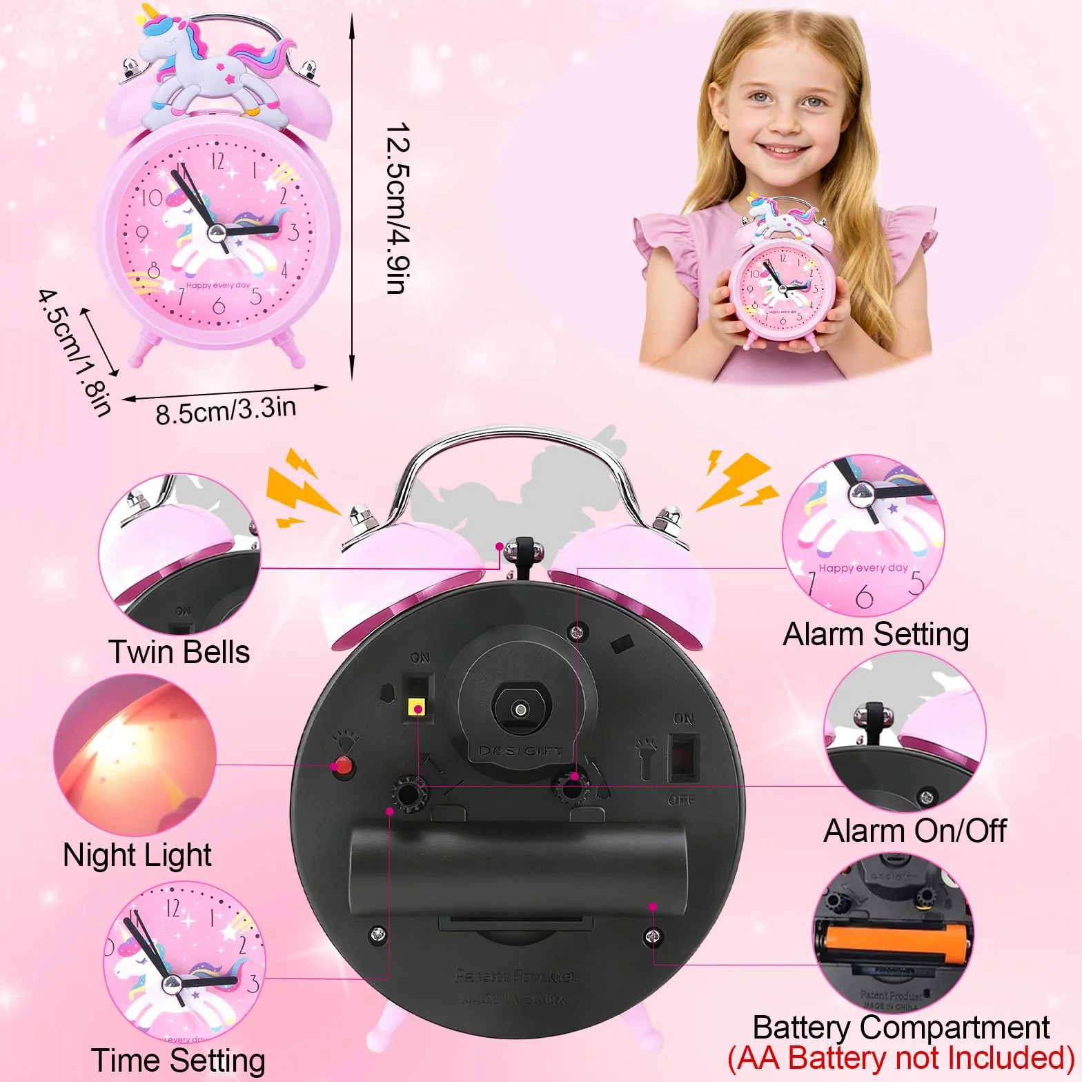 Aitsite Classico Sveglia Bambini, Orologio Unicorno Rosa con Luce Notturna Senza Ticchettio, Silenziosa, Portatile, Sveglia da Comodino Adatto per l'arredamento Della Stanza e Regali di Natale