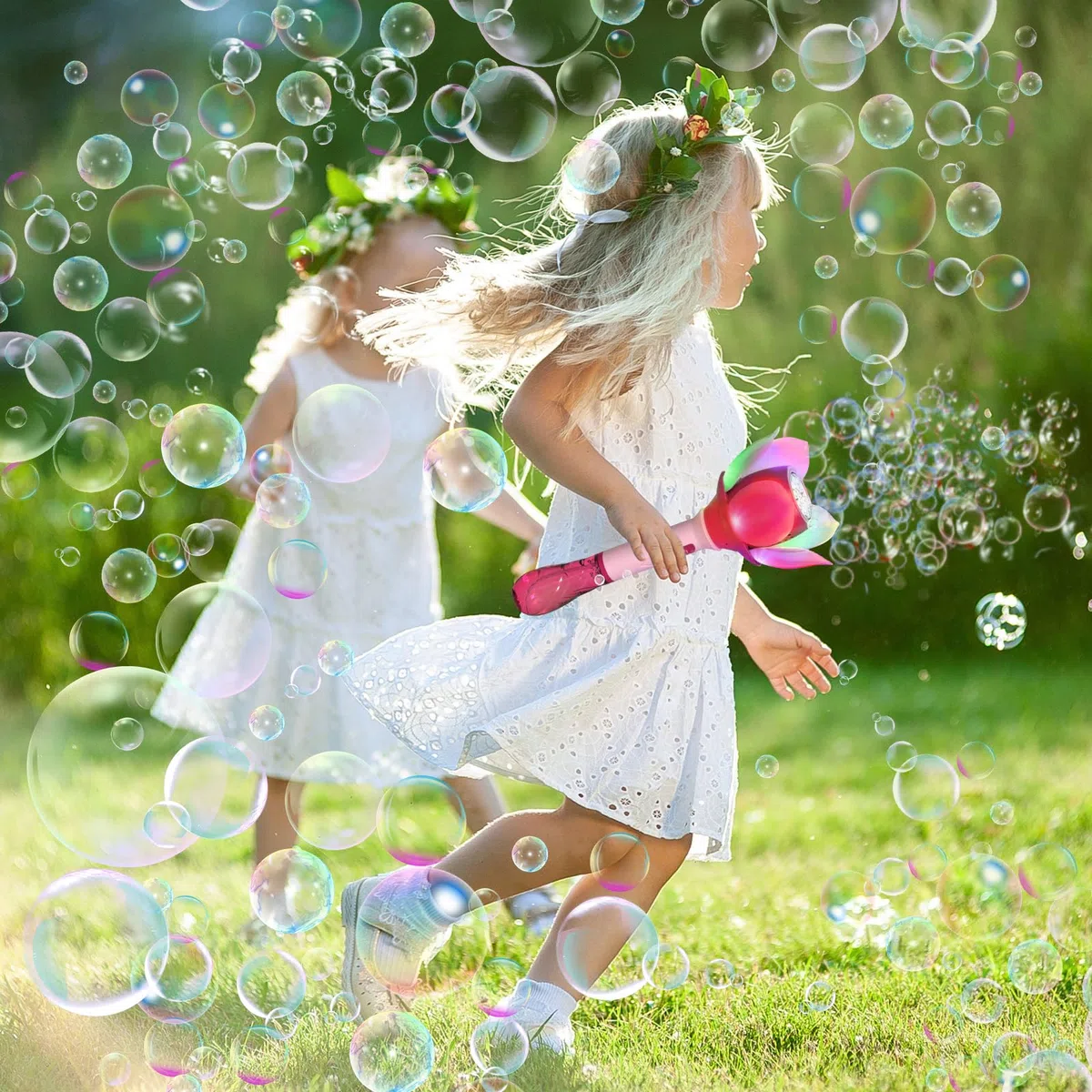 Automatico Macchina Bolle di Sapone, Fiore Macchina Bolle di Sapone, Bacchetta Magica Pistola a Bolle di Sapone Elettrica per Bolle per Bambini, Pistola a Bolle per Bambini per All'aperto Matrimonio
