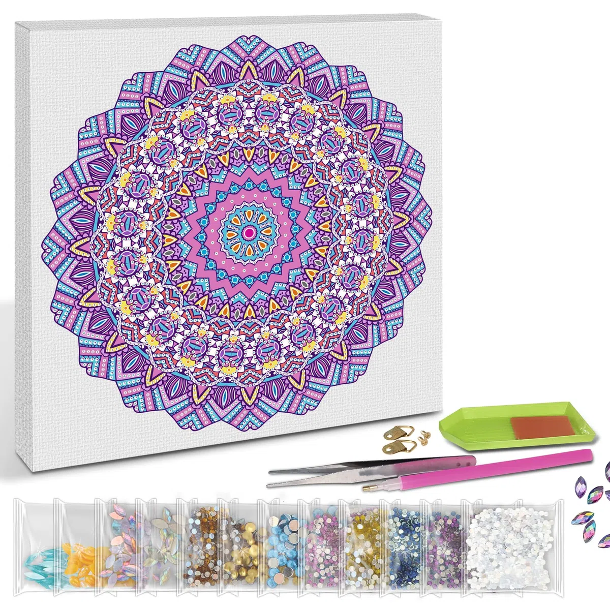 Ursus 43520008F - Diamond Painting Mandala Set 8, set artigianale con tela e pietre nei toni del viola, rosa e blu