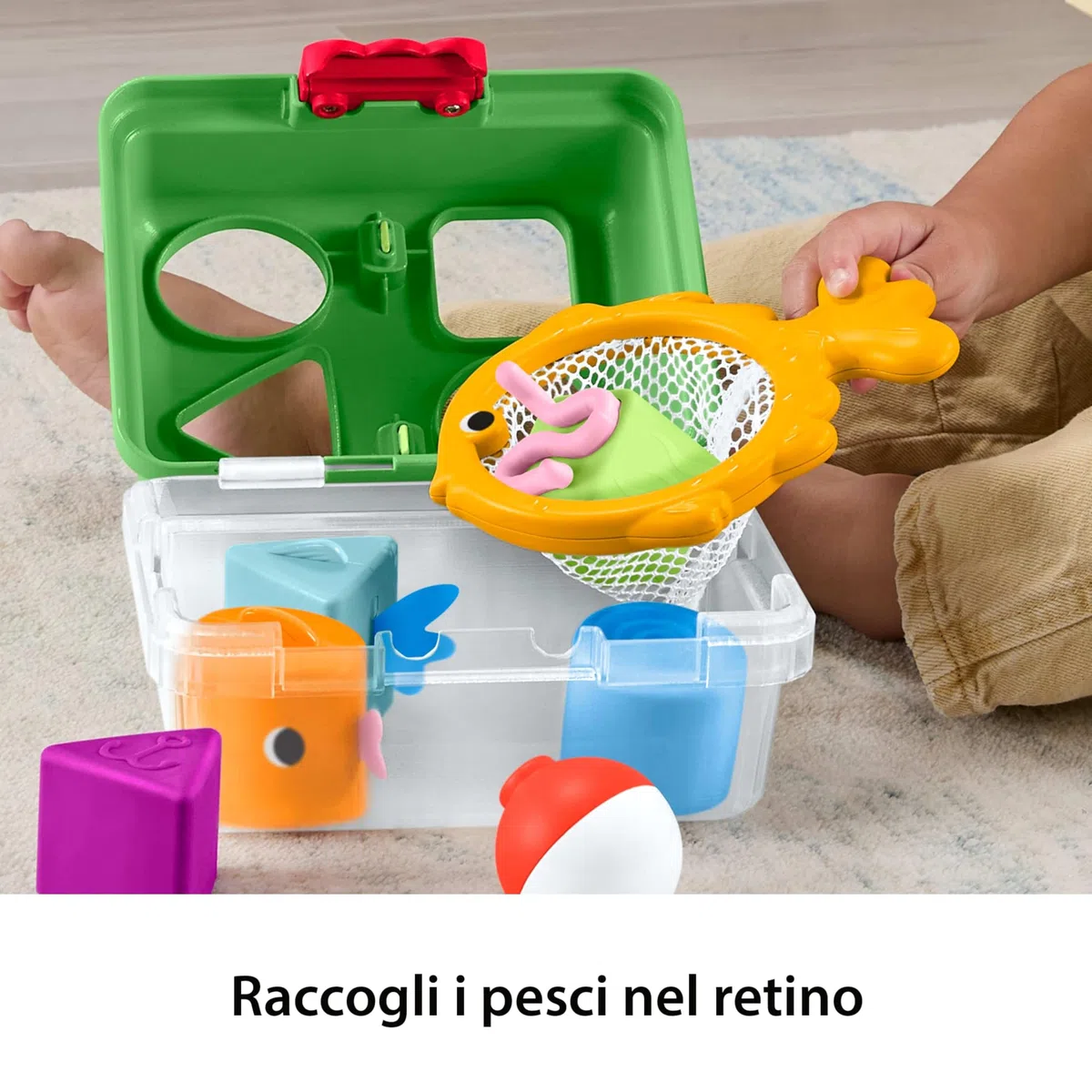 Fisher-Price - Cassetta Amici della Foresta, Set a Tema Pesca con retino e 6 Blocchi a Forma di Pesci, attività di Scelta per sviluppare la capacità di risoluzione dei Problemi, 6+ Mesi, JLB85