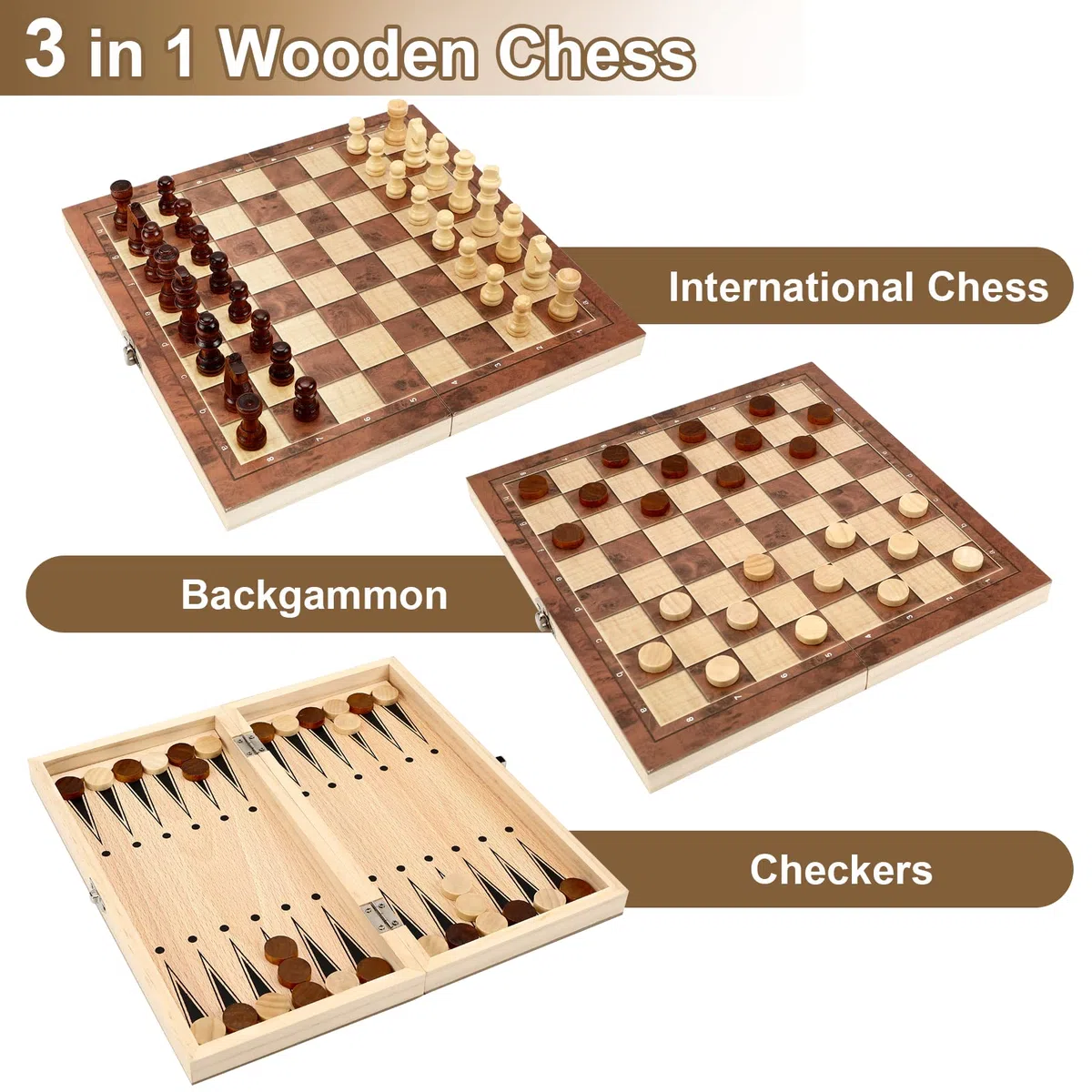 Scacchiera in Legno, 3 in 1 Scacchi Dama Backgammon, Portatili e Pieghevole Scacchiere, Scacchi da Viaggio per Adulti Bambini All'aperto Festa - 29x29cm