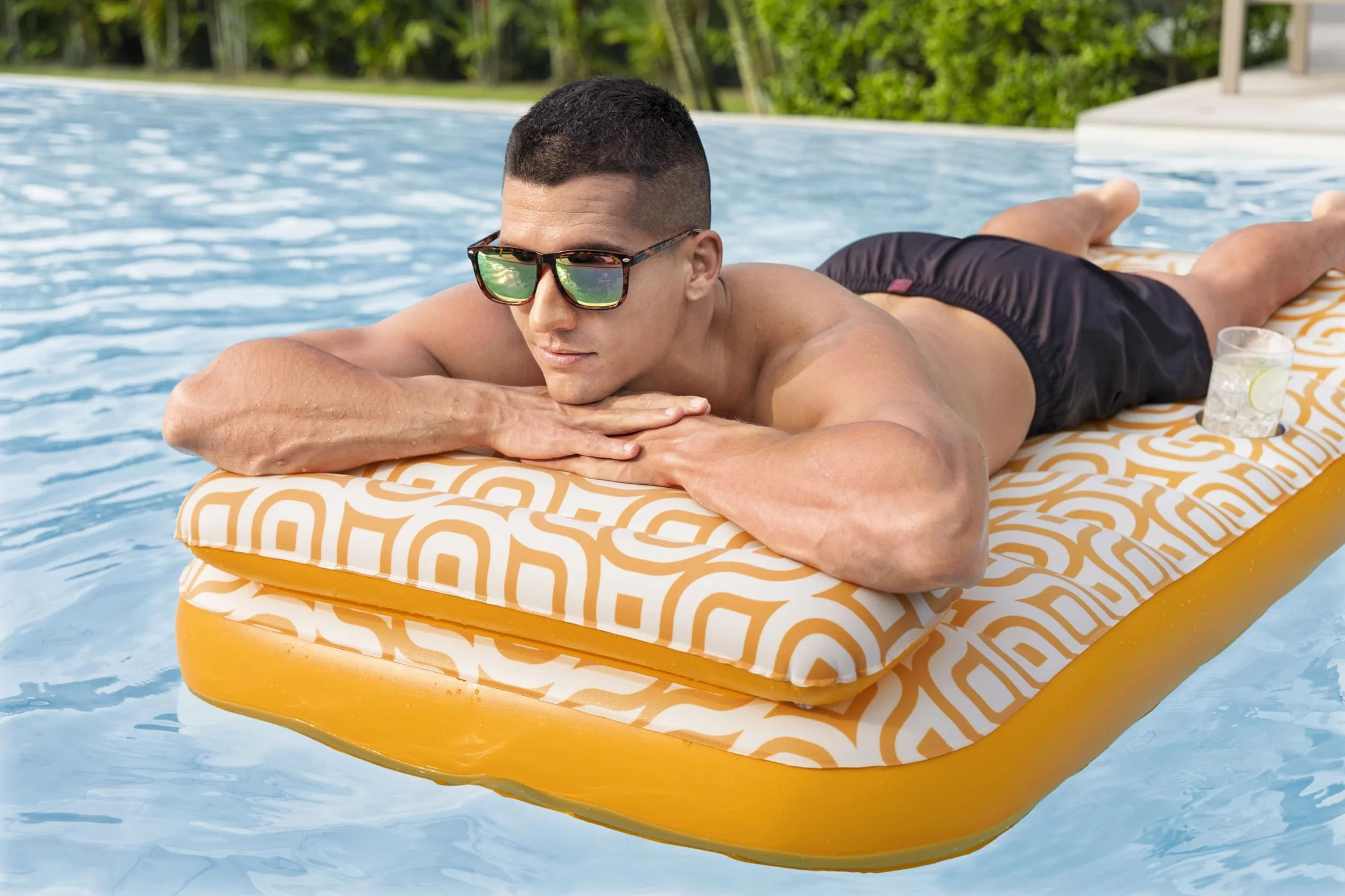 Bestway 43836 Materassino da piscina deluxe Comfort Plush con portabicchiere, arancione