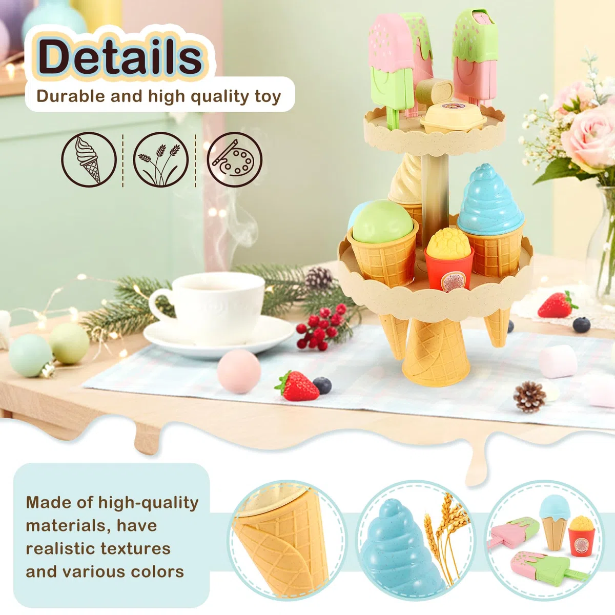 AOLEVA Gelateria Giocattolo Set Gelato Accessori Cucina Bambini Gioco di Cibo Finto Giocattoli Giochi di Ruolo Regalo per 3 Anni