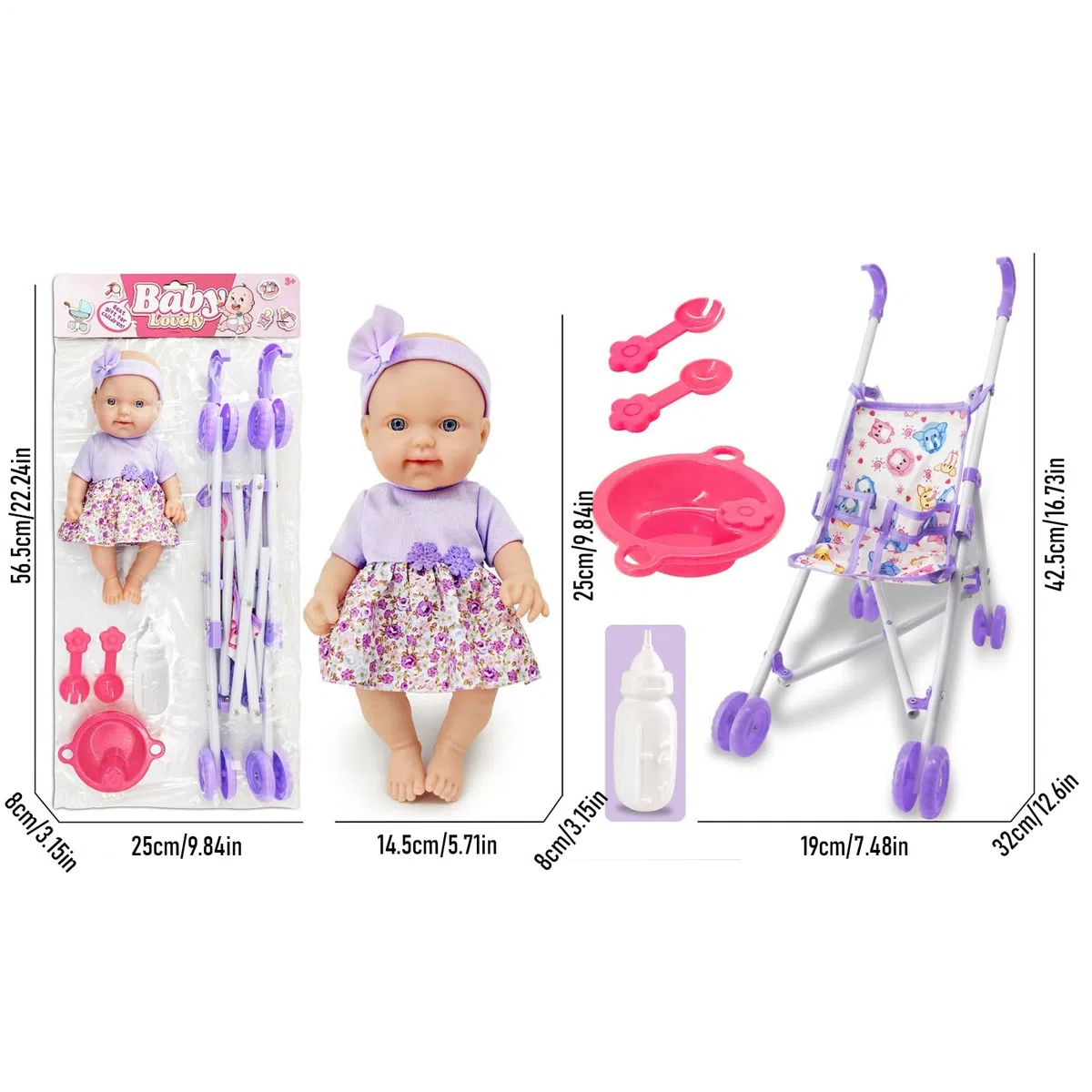 Passeggino – Gioco Realistico, Set Bambola 10 Pollice Giocattolo Imitazione Bambino | Kit s per Ragazza Ragazzo 3+ Anni Gioco Ruolo