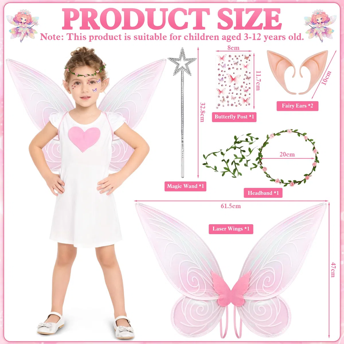 Ali da fata, ragazze Fairy Wings Costume,5 pezzi ali di farfalla con orecchie da elfo delle Fate Bacchetta Magica adesivi, Ali da Fata per Bambini per Halloween Carnevale Festa a Tema（Rosa）