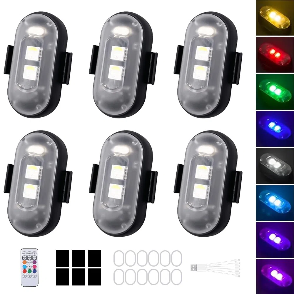 6 Pezzi Luci Stroboscopiche Drone, 8 Colori Luce Flash con Telecomando, Ricarica USB Luci Anti-Collisione, Led Auto Interni Senza Fili, Lmpermeabile Luce a LED per Moto, Biciclette, Drone
