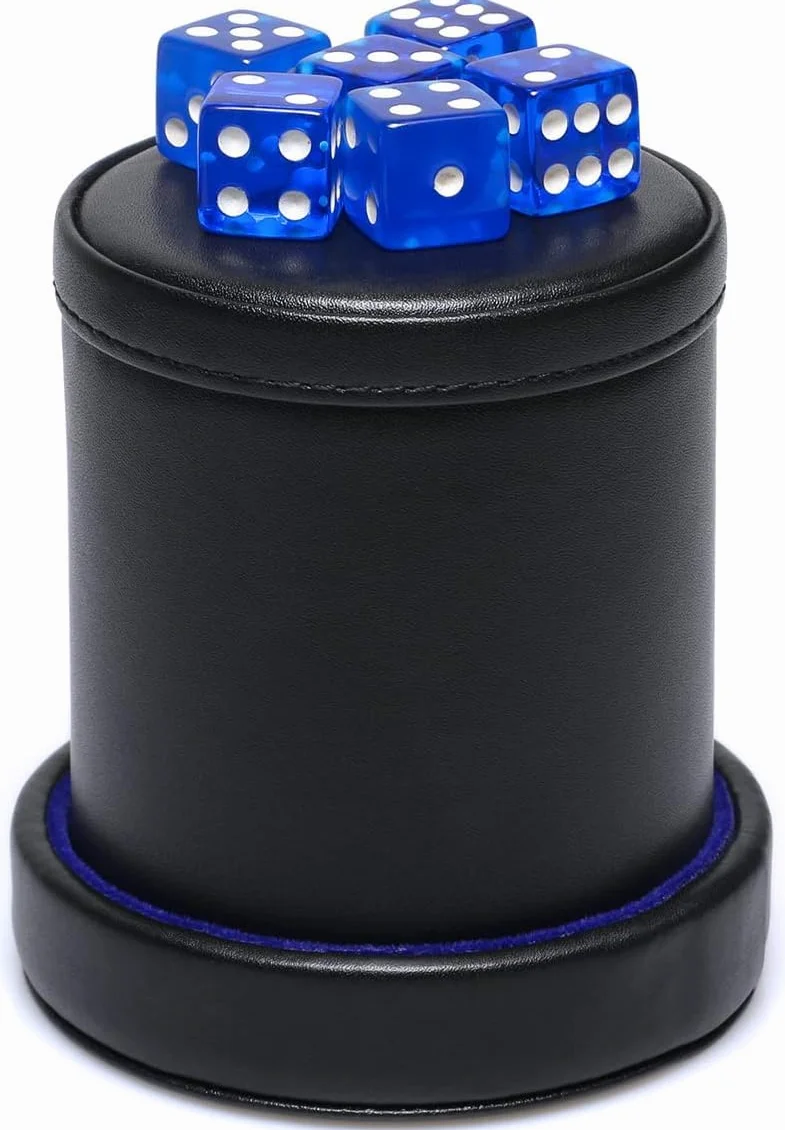 Coppa per dadi in pelle PU con coperchio, interno in velluto blu, silenzioso, include 6 dadi traslucidi blu per dadi bugiardi/farkle/giochi Yahtzee
