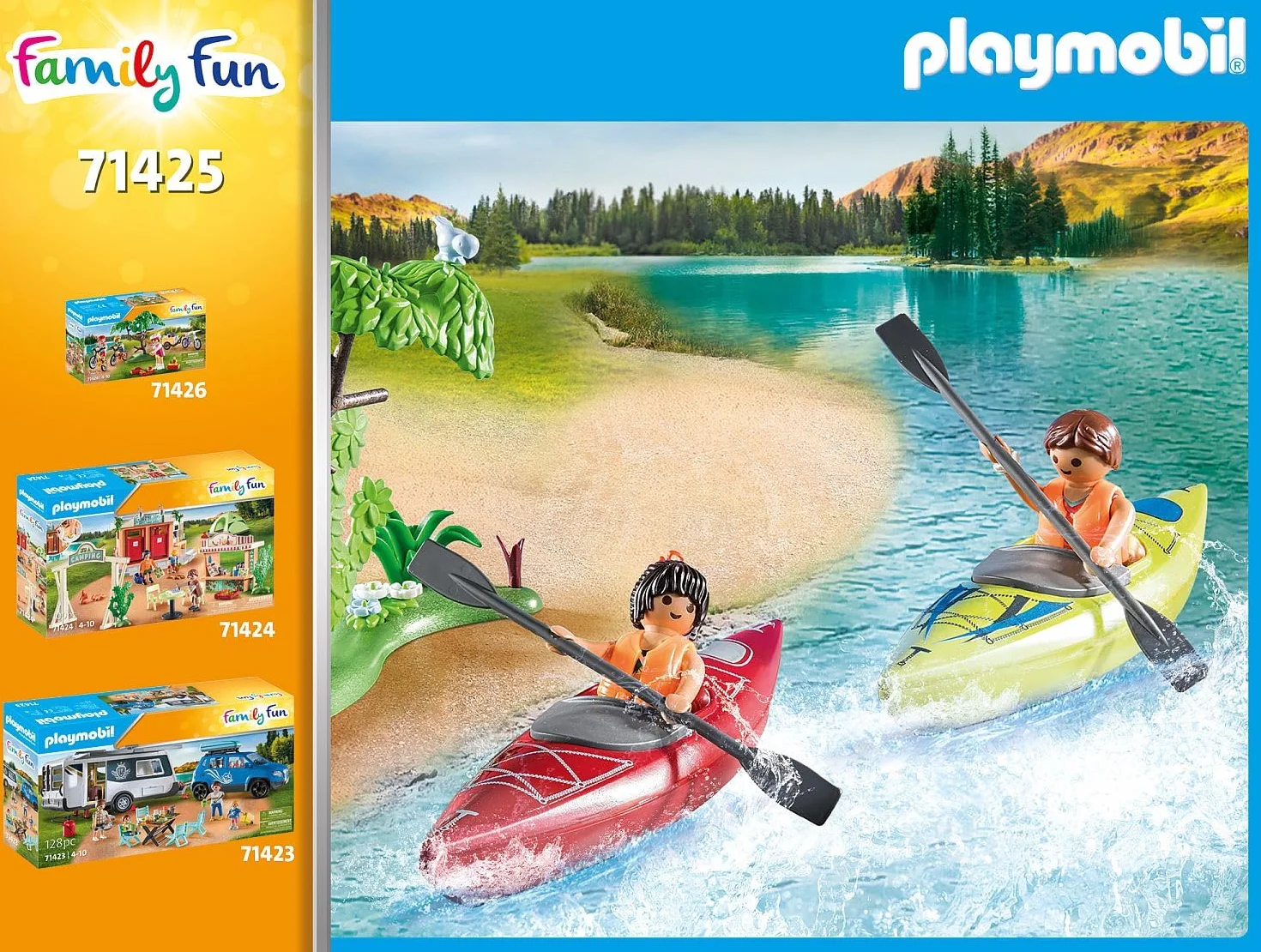 PLAYMOBIL Family Fun 71425 Avventura in Canoa, Camping, Divertente Avventura all'aperto in Campeggio, Canoa e falò, Una Vacanza condivisa nella Natura, Giocattolo per Bambini dai 4 Anni in su