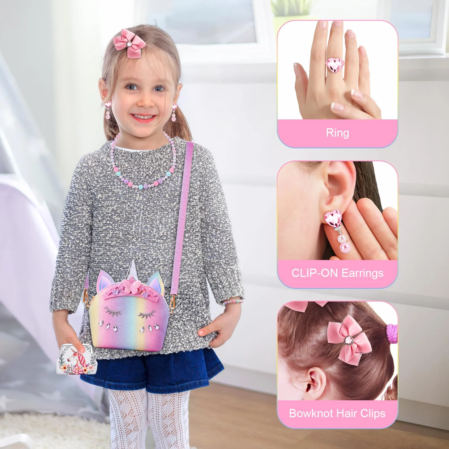 JYPS Unicorn Purse per Bambine, 7pcs Cute Kids Borsa Crossbody con Bambini Dress Up Jewelry Set Fingere Giocare Accessori, Regali di Compleanno Unicorno Regali Giocattolo per Ragazza