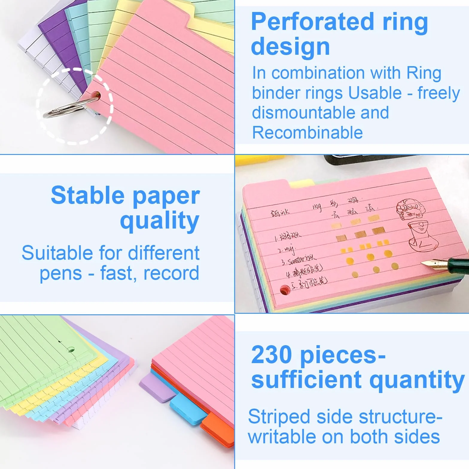 Scatola per Flashcards Nera con 400 Cartoncini Colorati A6, Schede Forate a Righe, 6 Anelli Metallici e Schede Indice A-E, Ideale per Appunti per Ufficio, Scuola, Casa Studio Appunti