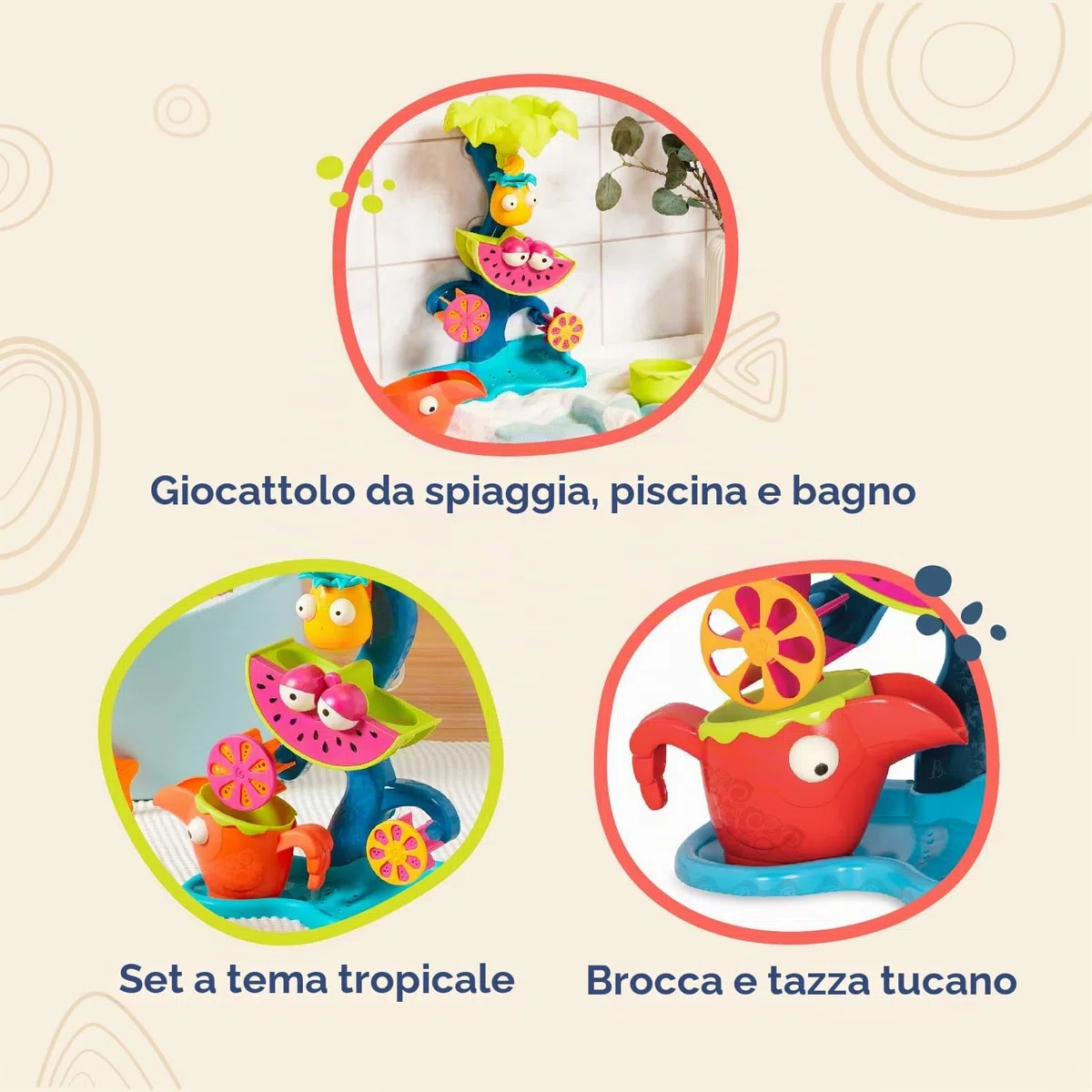 B. toys - Cascata tropicale - Set di giochi con acqua e sabbia - Ruota d'acqua per bambini e ragazzi - Bambini - Giocattolo da spiaggia, piscina, bagno - 18 mesi +