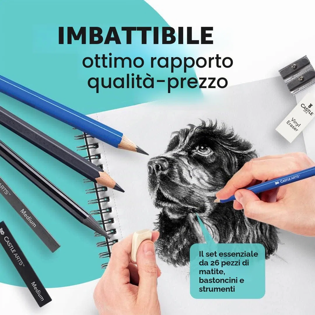 Castle Art Supplies Set 26 Pezzi per Disegno e Bozzetto | Per Artisti Principianti o Professionisti | Matite, Carboncini, Grafiti e Molto Altro | In Custodia di Trasporto a Forma di Conchiglia