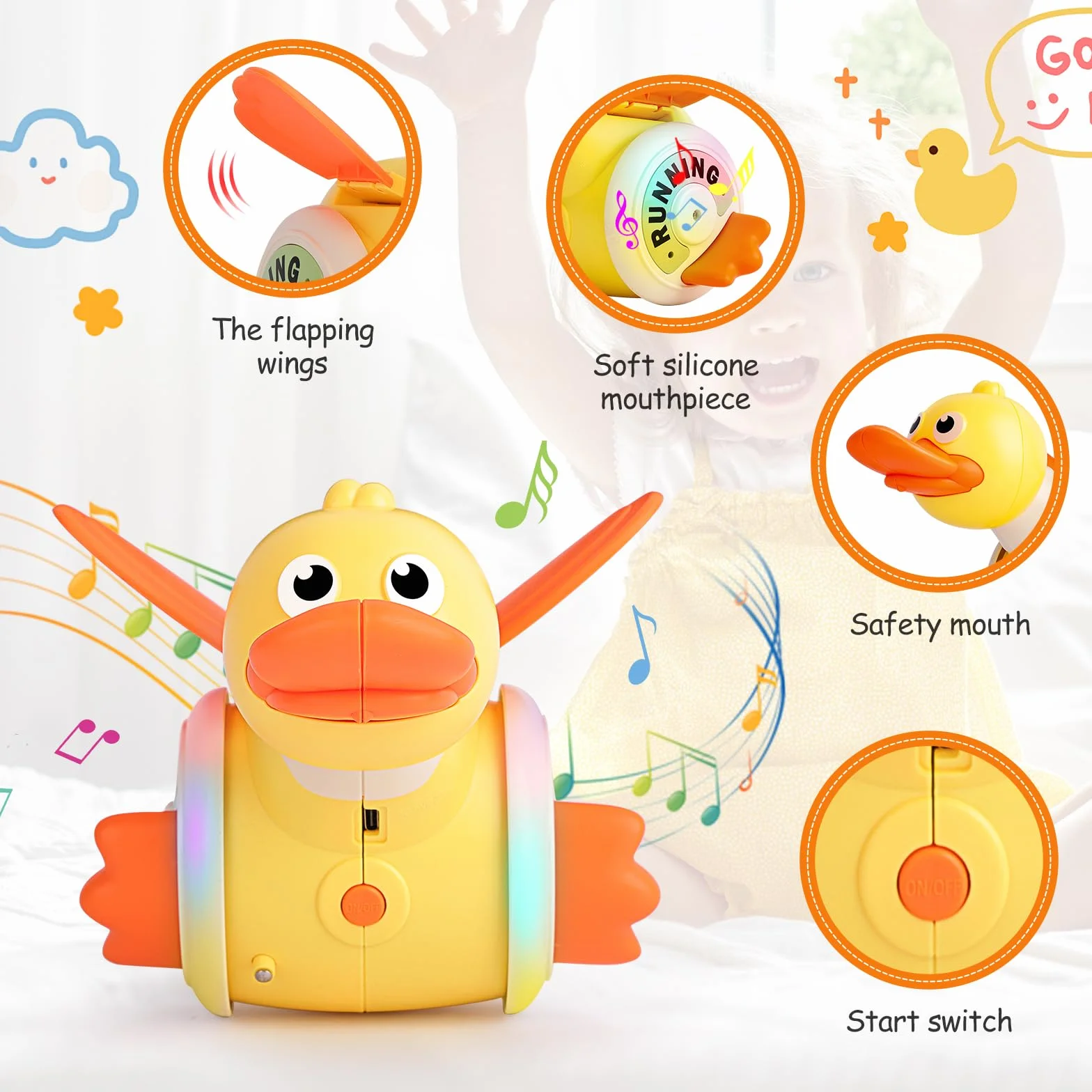 Paperella che striscia, giocattolo per bambini di 1 anno, con controllo del suono e della velocità, ricaricabile tramite USB, per bambini dai 6 mesi ai 5 anni