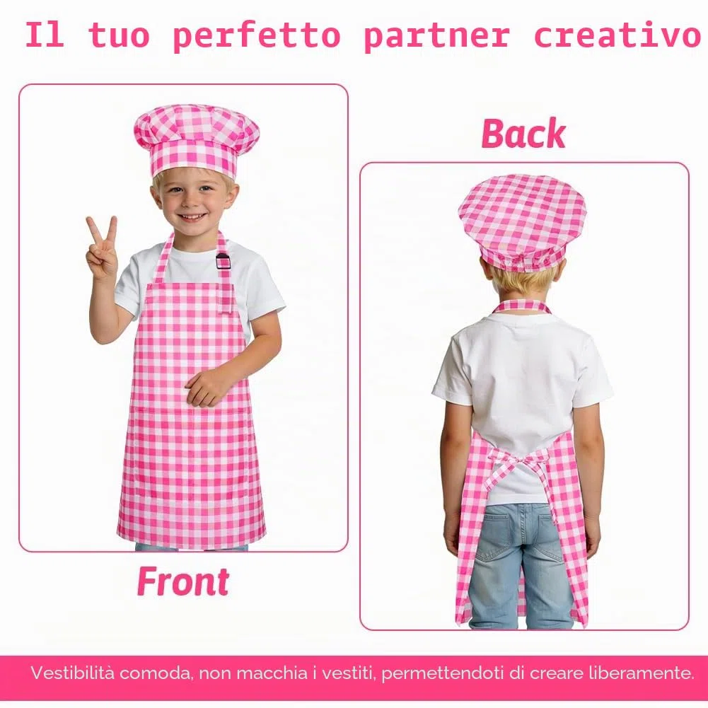 DiULi Grembiule per Bambini + Cappello da Cuoco, Grembiule da Cucina Regolabile per Bambini con Tasche Grembiule da Chef per Cucinare e Cuocere la Pittura 3-13 Anni