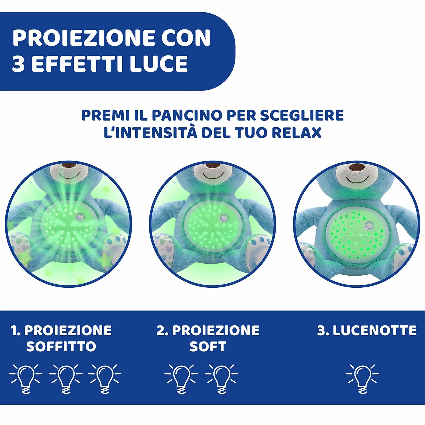 Chicco First Dreams Orsacchiotto Peluche Baby Bear, Soffice Pupazzo Proiettore con Luce Notturna Bambini, Effetti Luminosi e Rilassanti Melodie, Azzurro - Giochi Neonato 0 Mesi +
