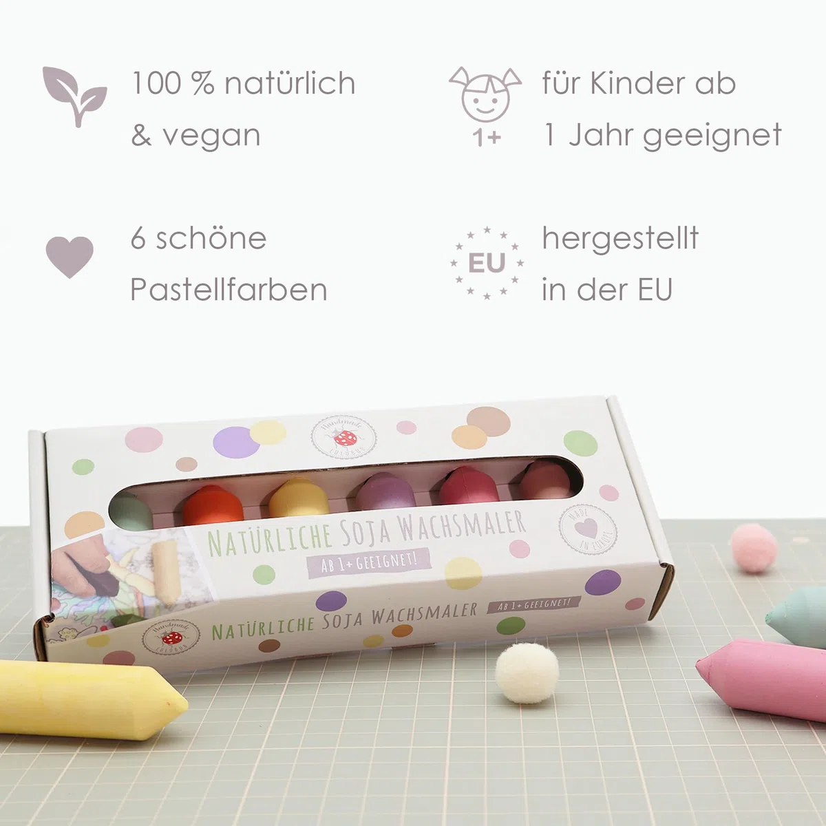 Lulubug Pastelli a cera di soia a partire da 1 anno | atossici, infrangibili, vegani ed ergonomici | tonalità pastello, 100% pittura a cera naturale per bambini | senza additivi inutili e sostenibili