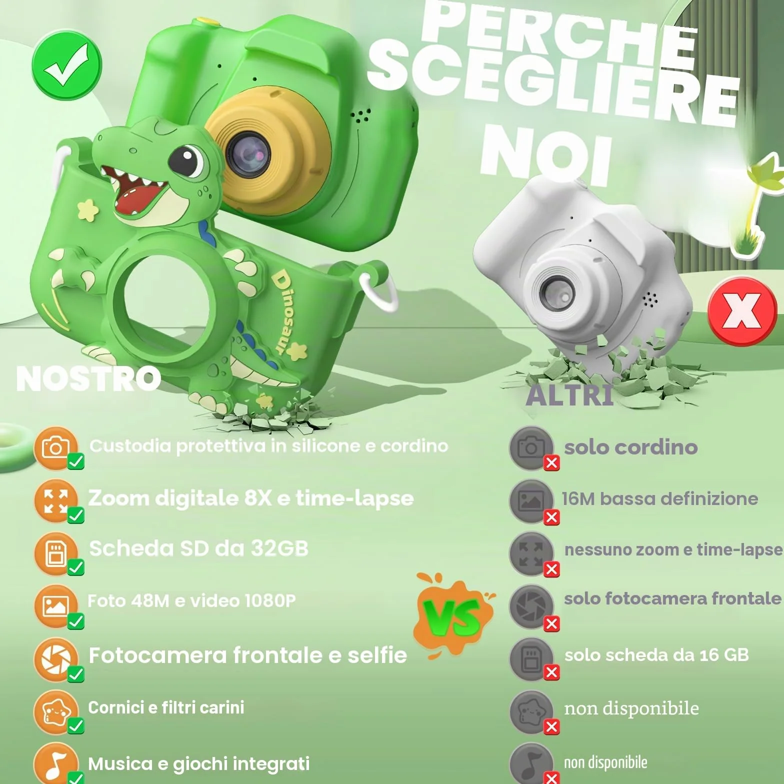 Macchina Fotografica Bambini 3-12 Anni, 48MP Digitale Fotocamera Bambini con Scheda 32 GB, Gioco Regali Natale & Compleanno per Bambino Bambina 3 4 5 6 7 8 9 10 Anni, Cappuccio di Dinosauro (Verde)