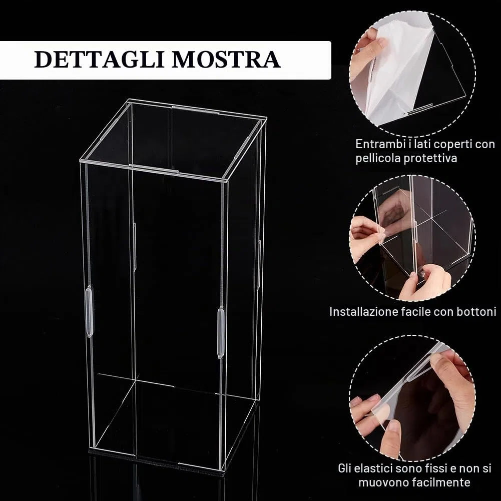 FINGERINSPIRE - Espositore in acrilico trasparente 11x11x25.5cm, rettangolare, autoassemblaggio, con base nera opaca, antipolvere, vetrina protettiva per action figure e collezionabili