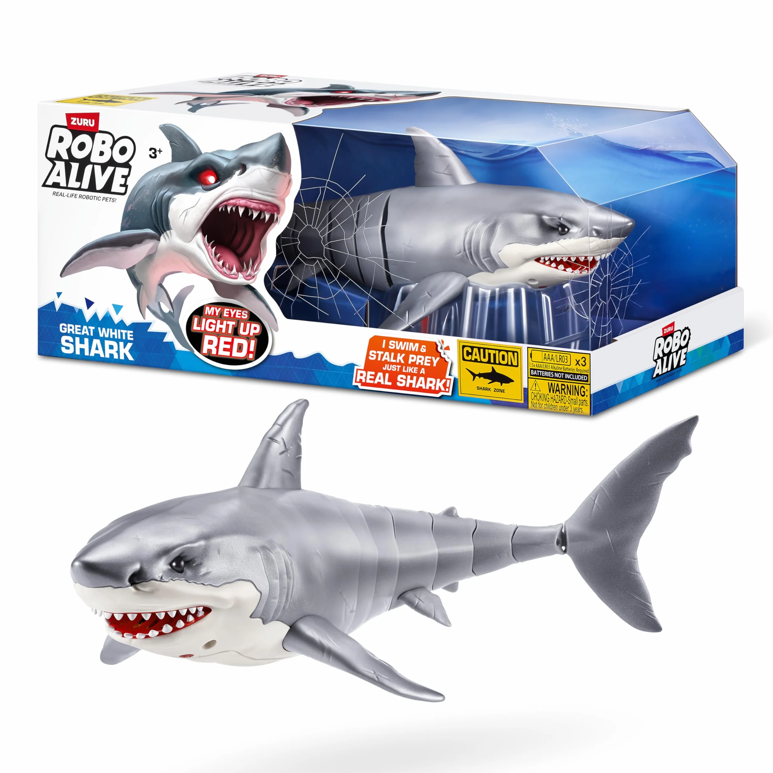 Robo Alive Great White Shark Serie 1 di ZURU, squalo giocattolo robotizzato con illuminazione alimentato a batteria, giocattolo da piscina estivo, giocattolo da bagno