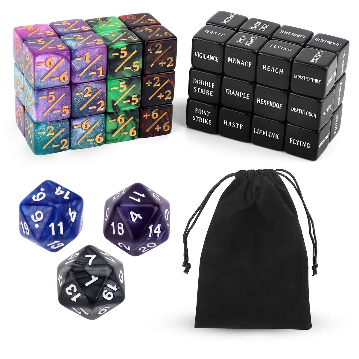 BOXOB 51pz Dadi Contatori Abilità, Potenziare Statistiche Creature MTG Segnalini Dadi Fedeltà D20 Contatori Vita Magici Regali per TCG Accessori Giochi Carte con Sacchetto Velluto (4 Colori)