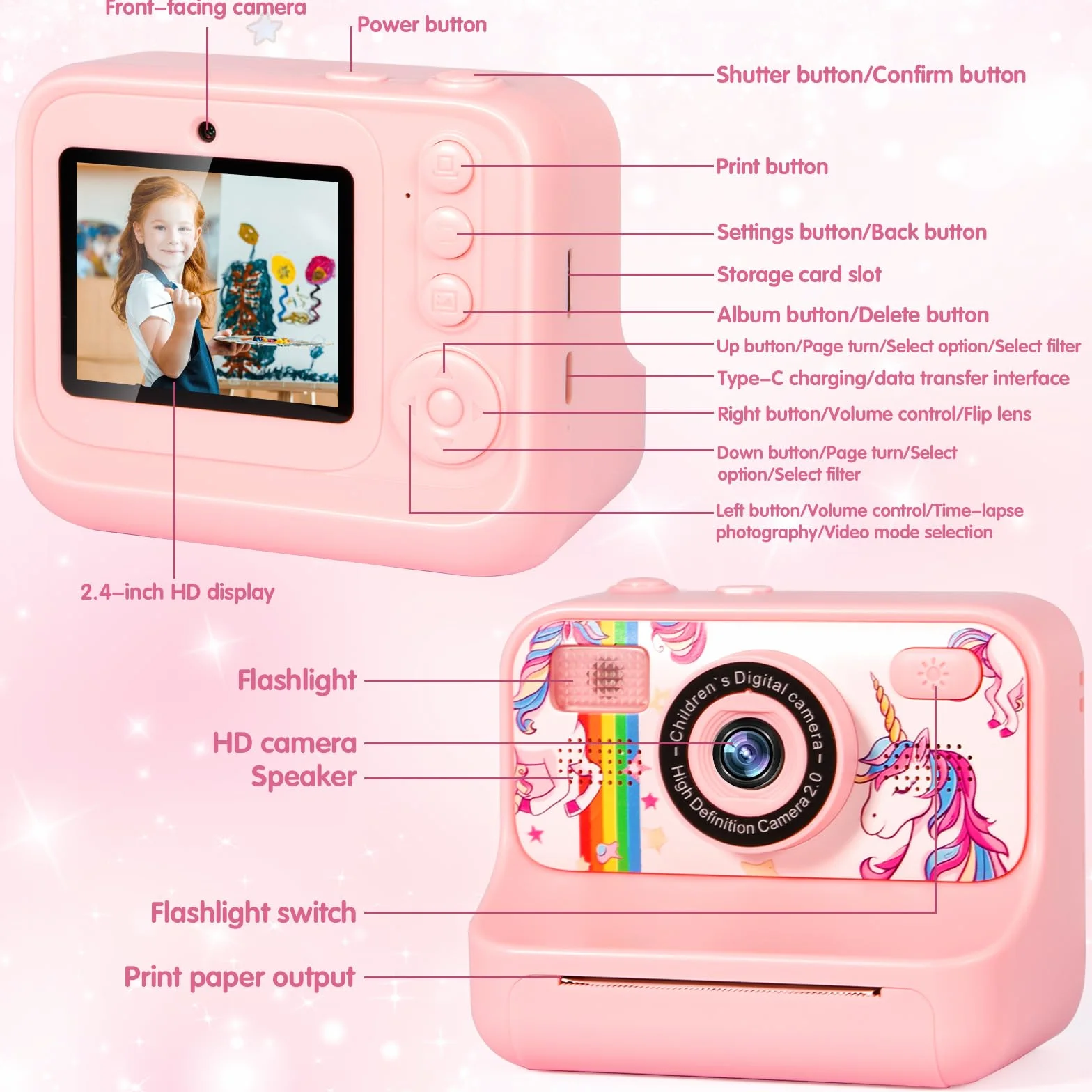 Macchina Fotografica Bambini Istantanea, 2.4" 1080P Fotocamera Bambini con 32 GB Schede e Carta da Stampa, Macchina Fotografica Bambino, 180 °Flip Len,Regali per Ragazzi Ragazze da 3-12 Anni
