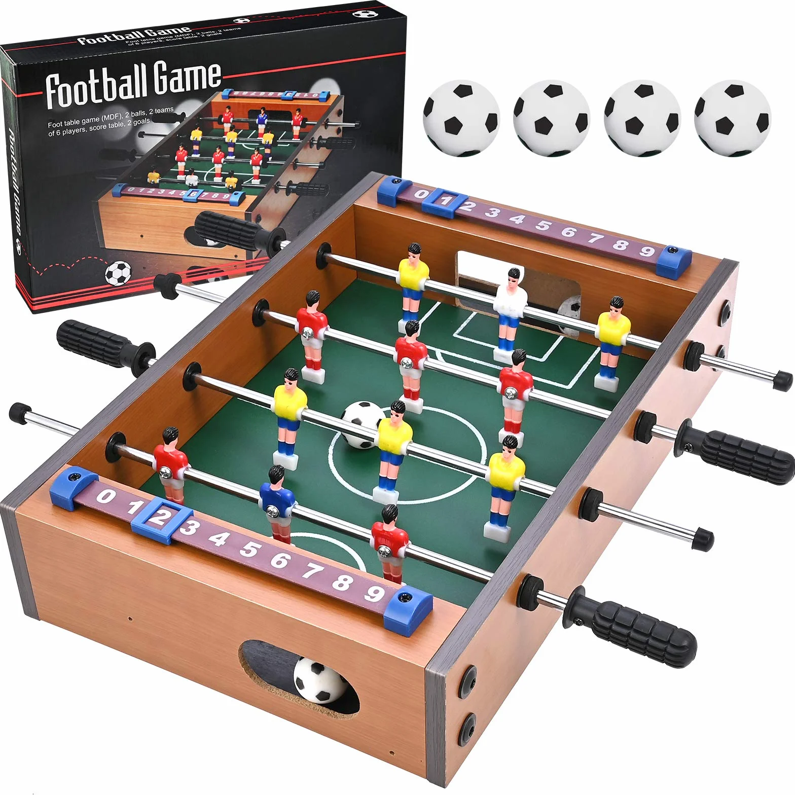 GOLDGE Calcetto da Tavolo, Calcetto Multigioco, Biliardino Calcio Balilla per Bambini e Adulti con 4 Palloni da Calcio, 34.5 * 23 * 8 cm, Legno, Multicolore