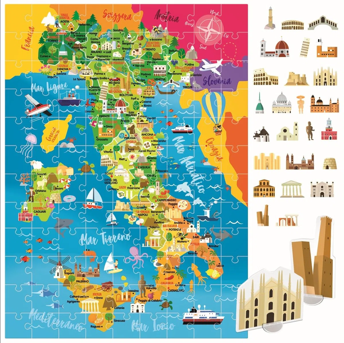 HEADU - Italia da Scoprire - Un Grande Puzzle per Conoscere il Mio Paese | Gioco Educativo 5-10 Anni, Puzzle Italia Bambini, Geografia e Monumenti per Bambini, Idea Regalo Natale, Made in Italy