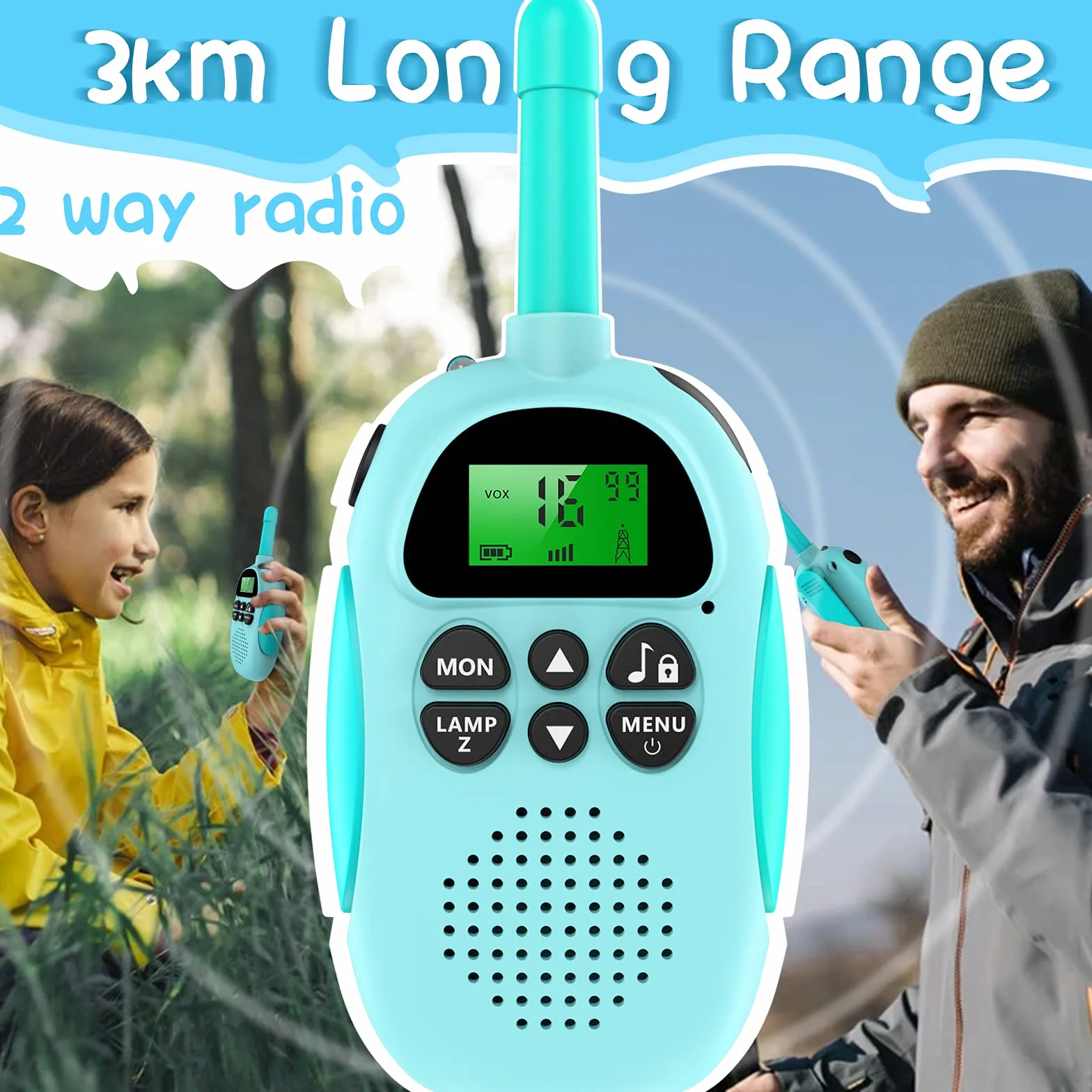 Ushining Walkie Talkie Bambini, 16 Canali Radio Giocattolo a 2 Vie con Torcia LCD Retroilluminata VOX Walkie Talkie Ricaricabile a Lungo Raggio, Regalo per Ragazze e Ragazzi di 3-12 Ann (Blu e Rosa)