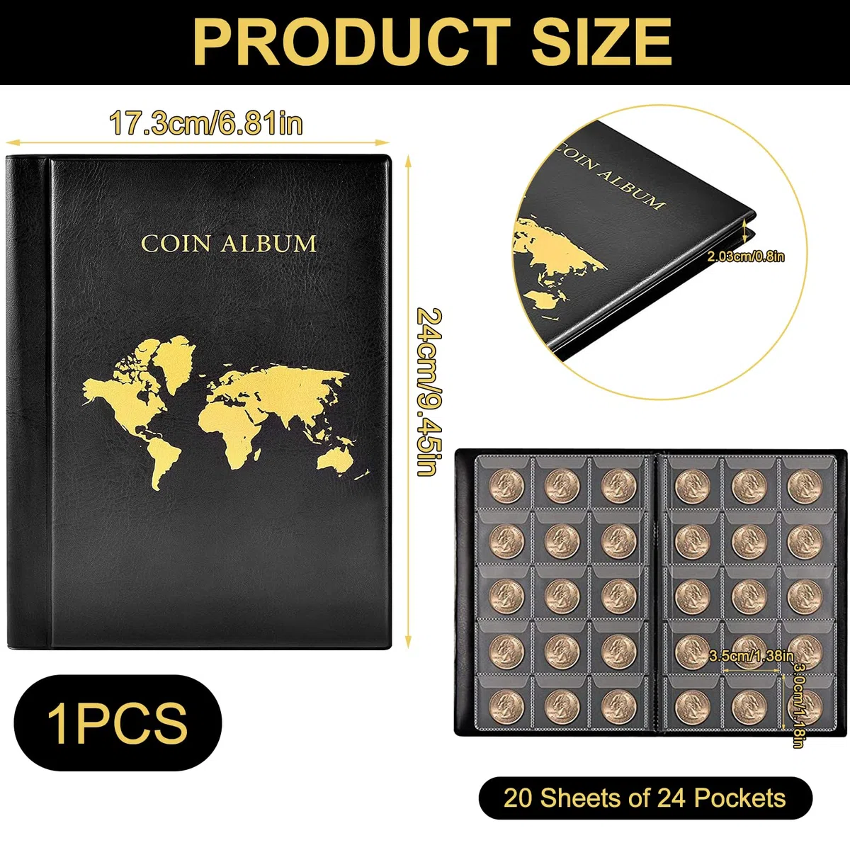 480 Tasche Raccoglitore Monete, 20 Pagine, Album per Monete da 2 Euro, 35x35mm Porta Monete da Collezione, Raccoglitore da Collezione con Cerniera, Album Portamonete per Euro, Sterlina, Pence