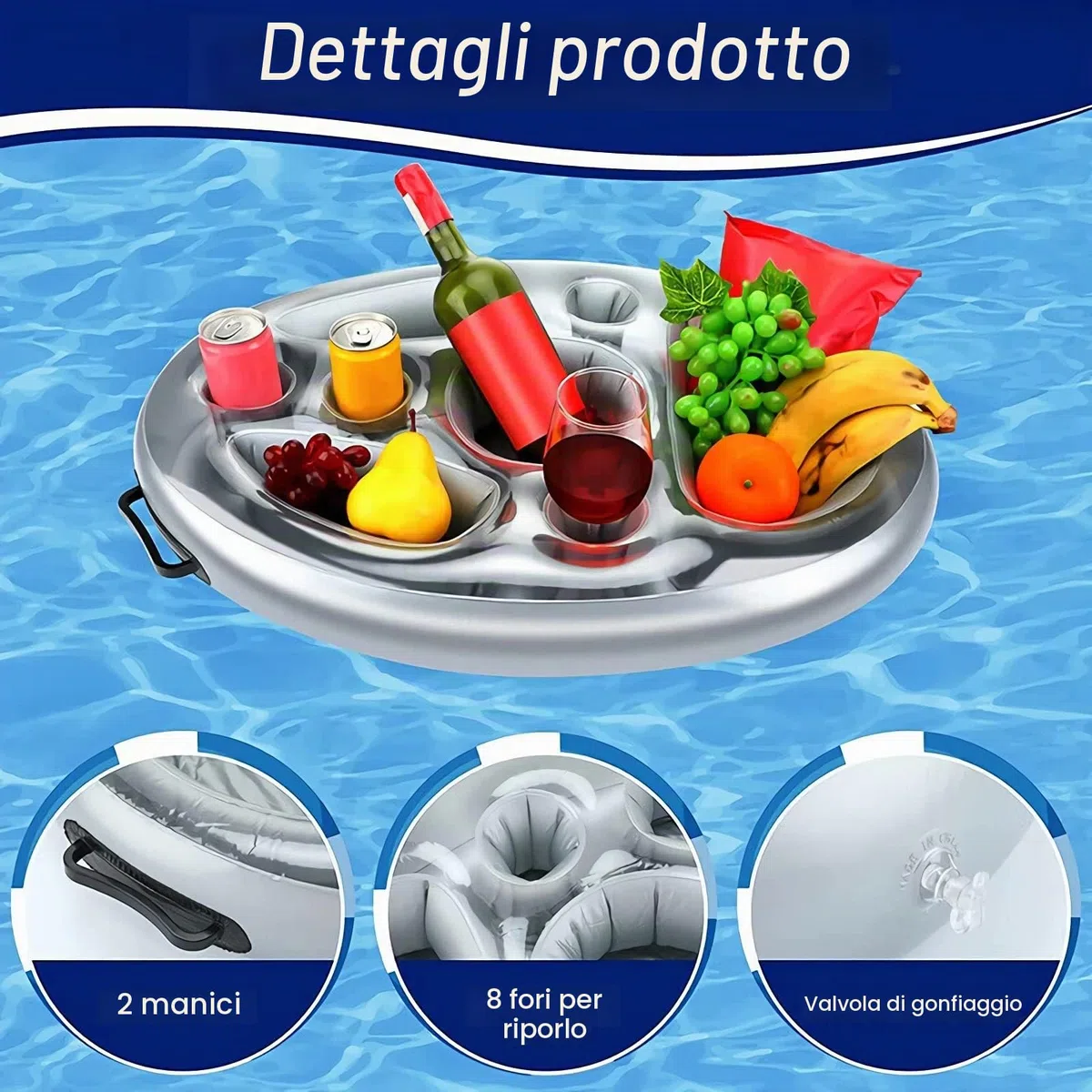 Portabevande gonfiabile 2 in 1, vassoio galleggiante 8 fori, grande capacità, galleggiante, portabevande per piscina, gonfiabile, per piscina, gonfiabile, per piscina