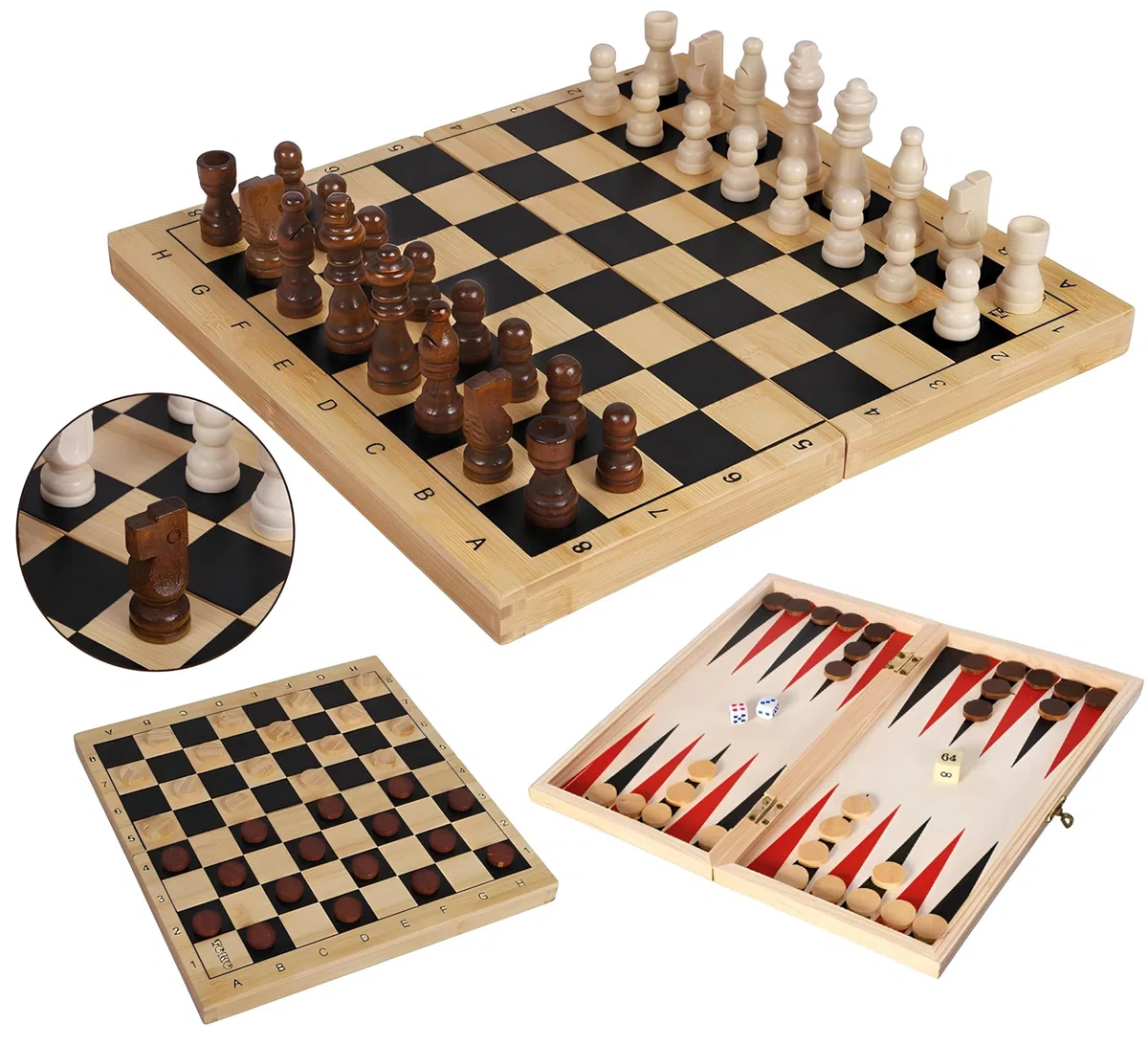 Scacchi Dama Backgammon Scacchiera in Legno Pieghevole Set 3 in 1 cm 29x29 con Pezzi Pedine Dadi in Legno Chess Checkers Backgammon Board Gioco da Tavolo Portatile Set Scacchi Dama Backgammon