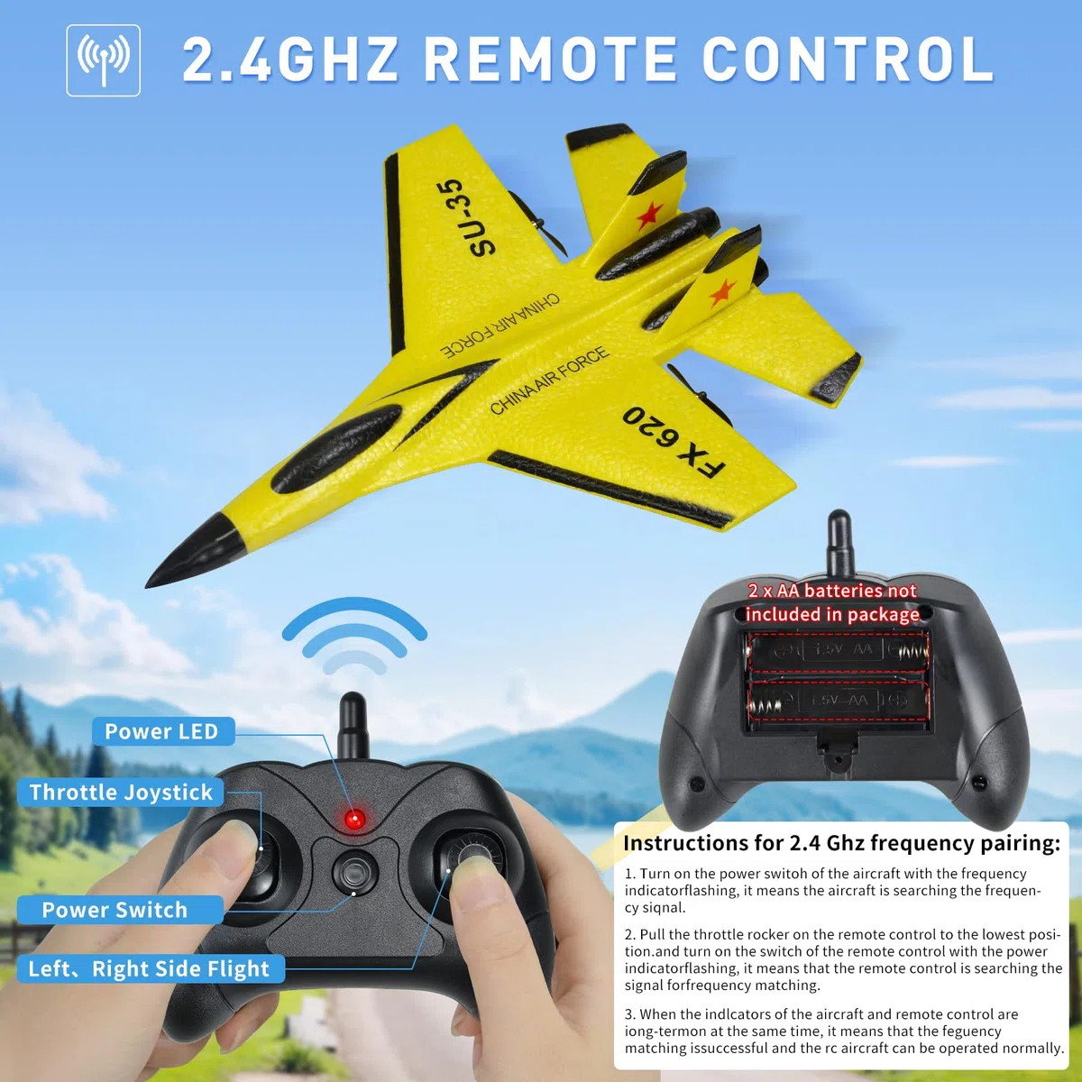 Aereo Telecomandato SU35, Aereo RC, 2.4G 2CH Aeroplano Telecomandato con Sistema giroscopico a 3 assi 2 Batterie e LED, Aliante Volante Telecomandato per Adatto a Bambini e Principianti(Yellow)
