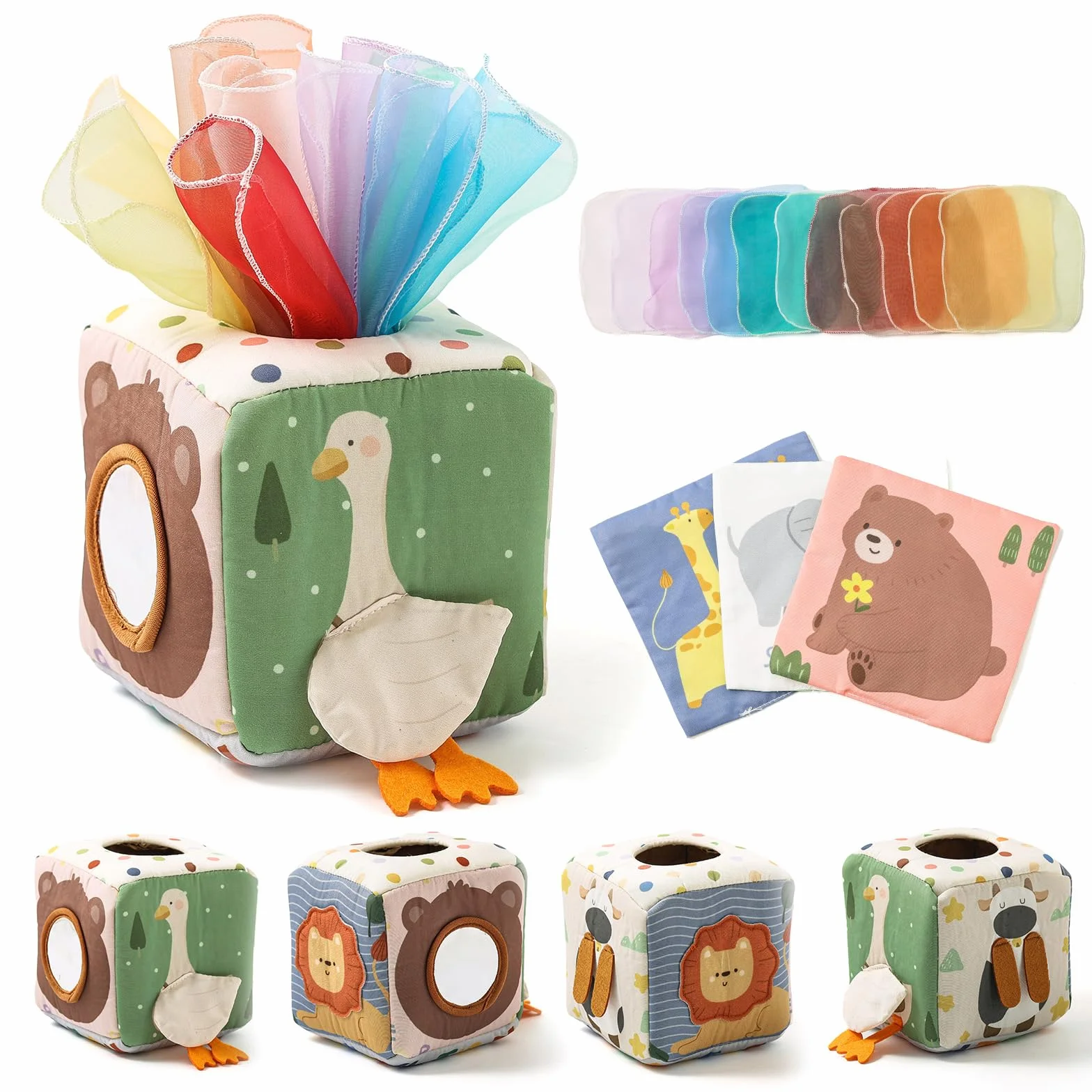 WOODEN TEETHER Baby Tissue Box Toy Mesi Montessori Sensorial Giocattolo, Promuove Le capacità sensoriali e motorie, con specchi, Colori, Trame, Suoni, Ragazzi e Ragazze (Animali della Foresta)