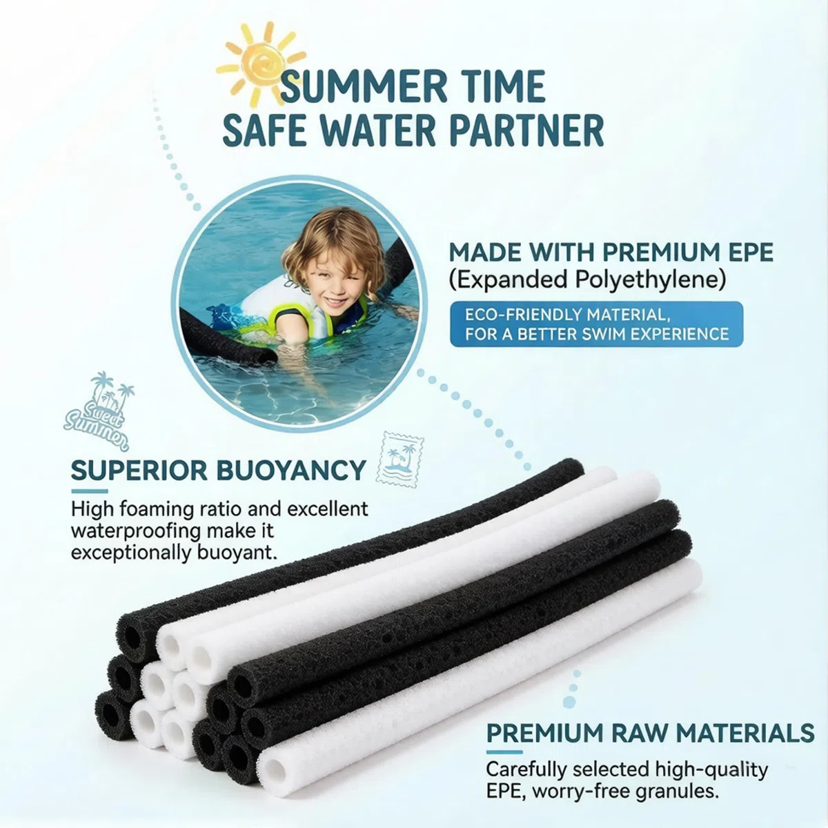 Pool Noodles 2PCS Piscina Bianca Noodle con Foro - Spugna ad Alta densità Antiscivolo Galleggiante Aiuto per il Nuoto per Bambini Attività Acquatiche