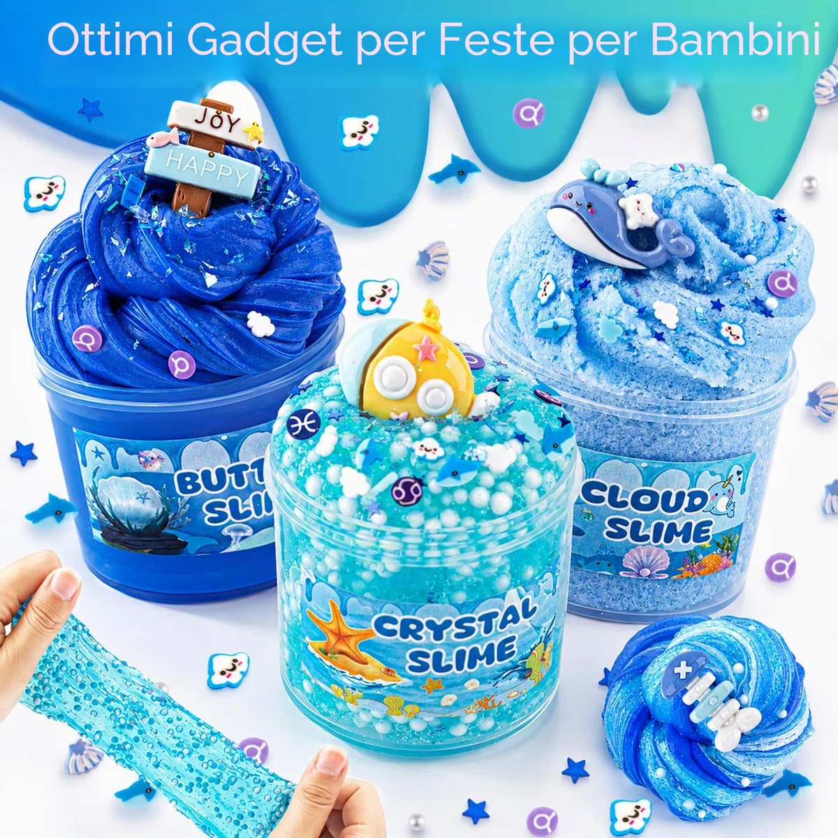 6 Confezioni Kit Slime Blu - Cloud, Butter & Clear, Croccante per Bambini con Aggiunte, Bomboniere per Feste, per Ragazze e Ragazzi, 360ml (Oceano)