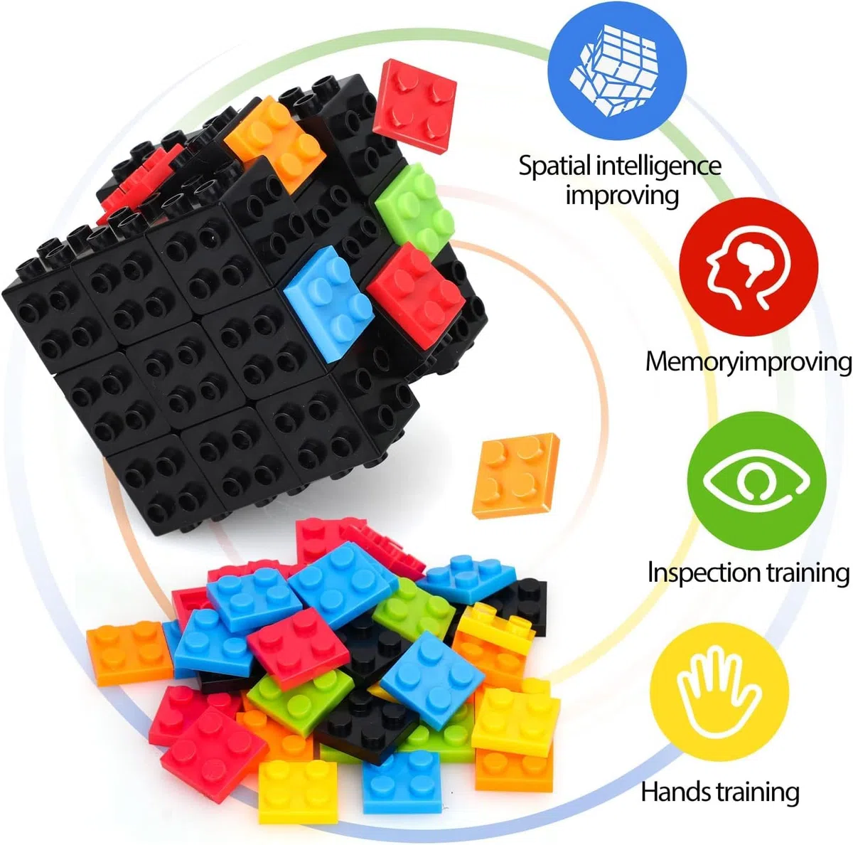 Speed Magic Cube 3x3,Cubo Magico di Velocità, Build-on Brick Twist Brain Teaser Puzzle Cube con Mattoncin,2-in-1 Classico Giocattolo Cubo per Bambini e Adulti, Nero