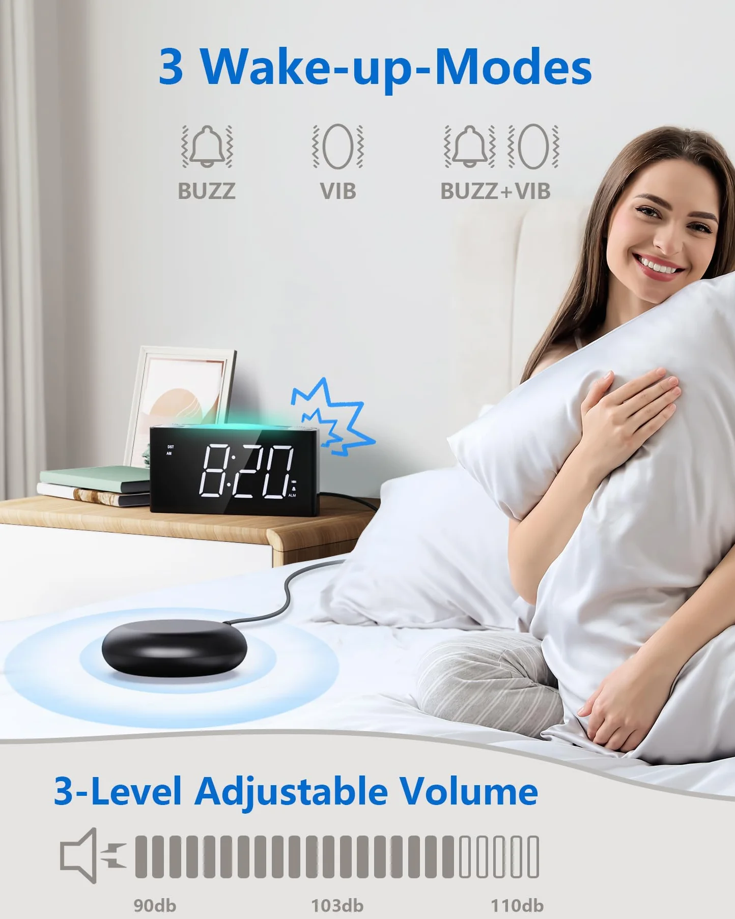 Sveglia con vibrazione per dormiglioni e persone con problemi di udito, tipo caricatore C, 12/24 H, sveglia ad alto volume con 7 luci notturne, grande display LED, dimmer, snooze, batteria di backup