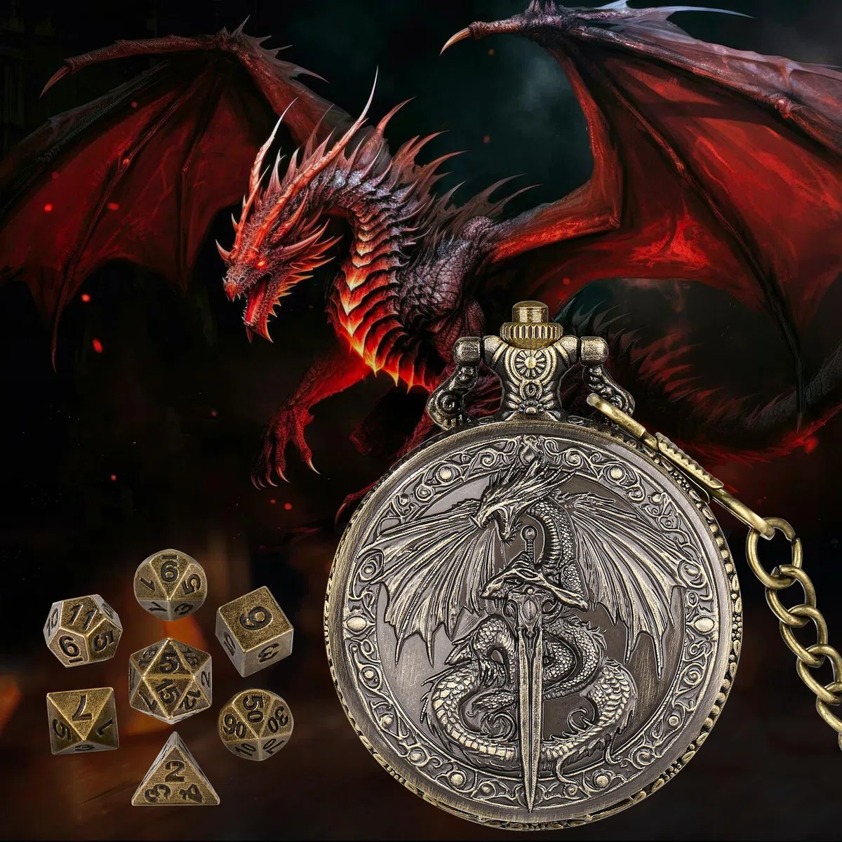 Mini Set di Dadi DND, Drago Volante Che Tiene La Spada Custodia per Orologio da Tasca, 7 pezzi in Metallo Poliedrico Set di Dadi D&D, Regali di D&D con Sacchetto Regalo, Accessori per Giochi di Ruolo