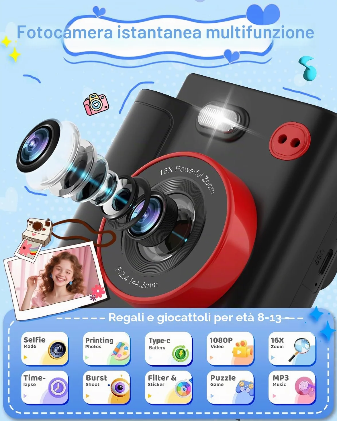 Macchina Fotografica Bambini Istantanea, 1080P HD Fotocamera Istantanea per Bambini con 32GB Scheda & Carta Fotografica, Giocattolo Regalo di Natale Compleanno Bambino e Bambina 3-12 Anni