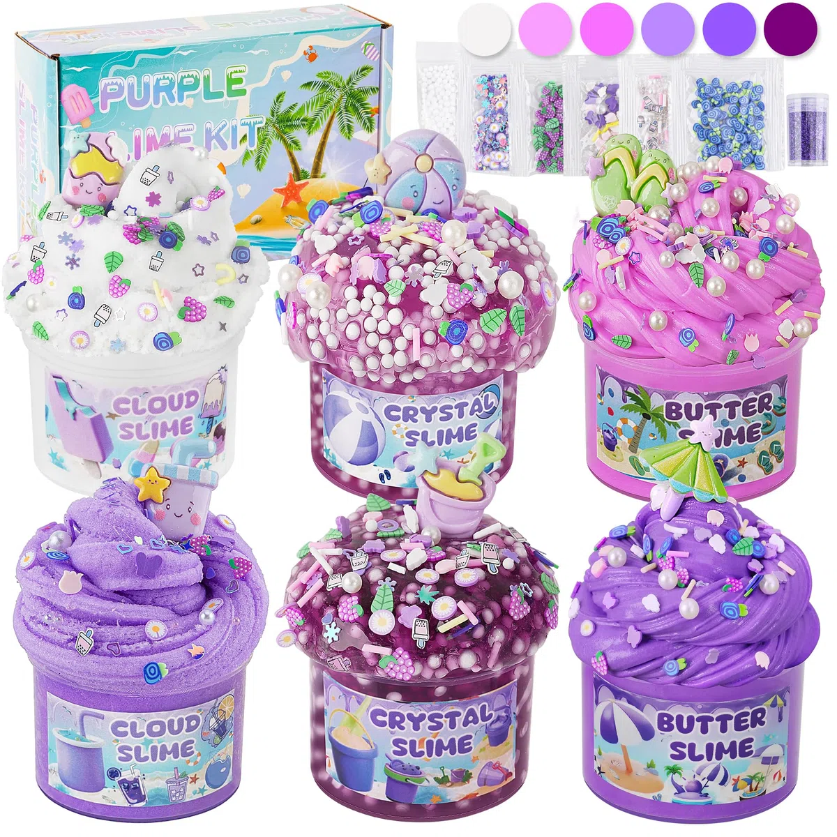 LAWOHO 6 Confezioni Kit Slime Viola - Cloud Slime, Butter Slime e Clear Slime, Slime per bambini con additivi, Bomboniere per feste Slime per ragazze e ragazzi, 360ml Slime per bambini (Spiaggia)