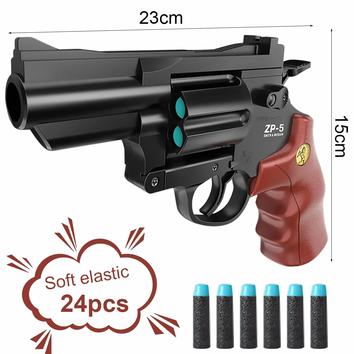 Revolver Giocattolo,Revolver per Bambini,Pistola Giocattolo,Con 24 Proiettili EVA,per Bambini 7 anni + il gioco all'interno e all'aperto,Regali per bambini (Marrone)