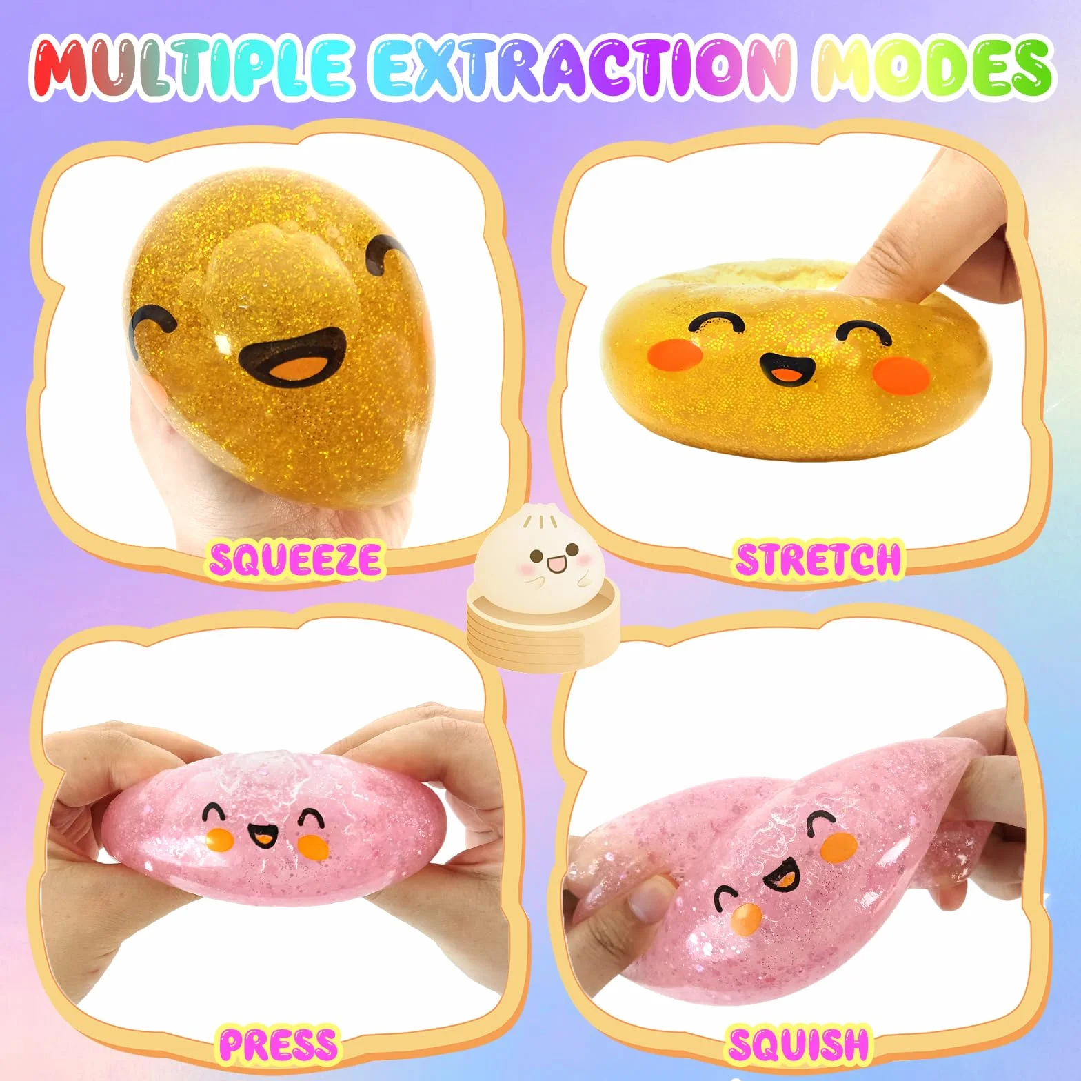 3 Pezzi Glitter Squishy Bao Dumpling + Butter Squishy Set, Giocattolo Sensoriale con Contenitore per Il Vapore, Dumpling Giocattolo Antistress per Alleviare adatto Bambini, Adulti, 25Toys1