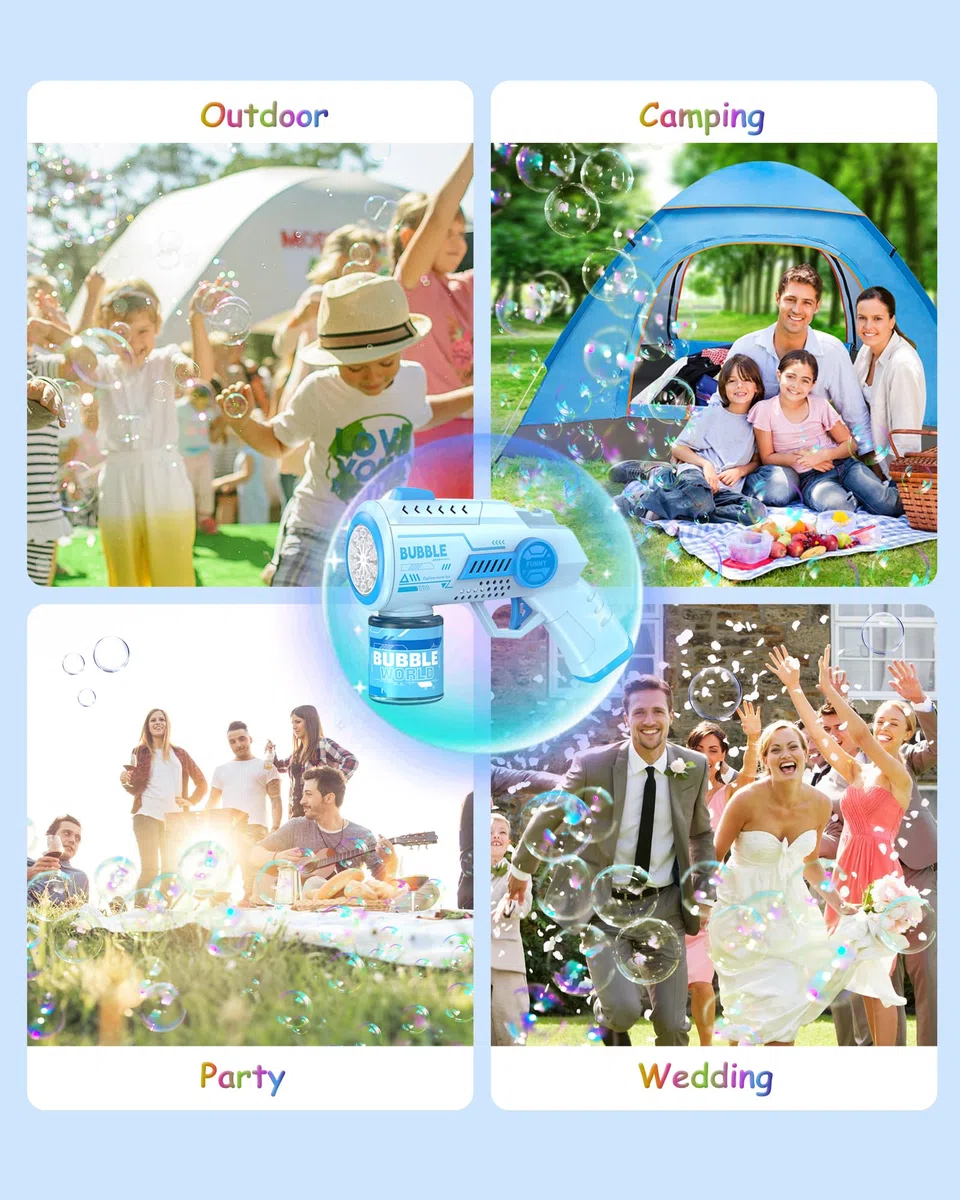 Pistola a Bolle per Bambini, Automatica Macchina di Sapone con 10 Pezzi Particella Concentrata a Bolla, 6000 + Bolle/Min, Luce LED, Estate per Festa/Spiaggia/Compleanno/Matrimonio(Blu)