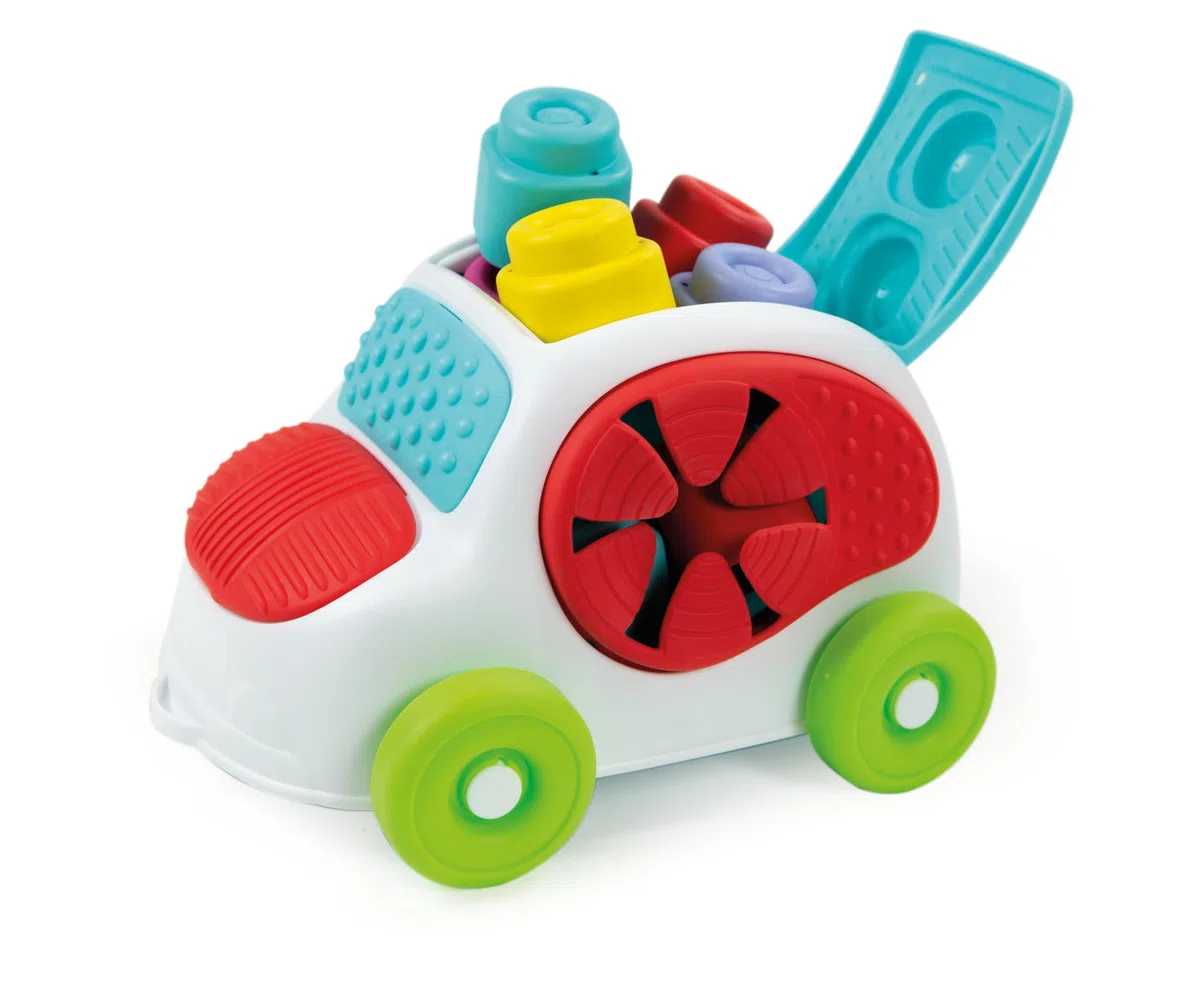 Clementoni Soft Clemmy - Touch, Move And Play Sensory Car, Bambini 6-36 Mesi, Macchinina Raccoglitore 8 Mattoncini, Gioco Prima Infanzia, Sviluppa Manualità e Percezione Tattile, Made in Italy, 17315