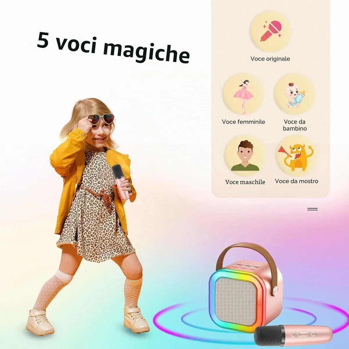 Macchina Karaoke Bambini con 2 Microfoni Senza Fili HiFi Microfono Karaoke Bluetooth Mini Portatile Microfono Karaoke con Cambiatore di Voce Magico e Luci LED, Regalo Giocattolo per Ragazzi 3-12 Anni