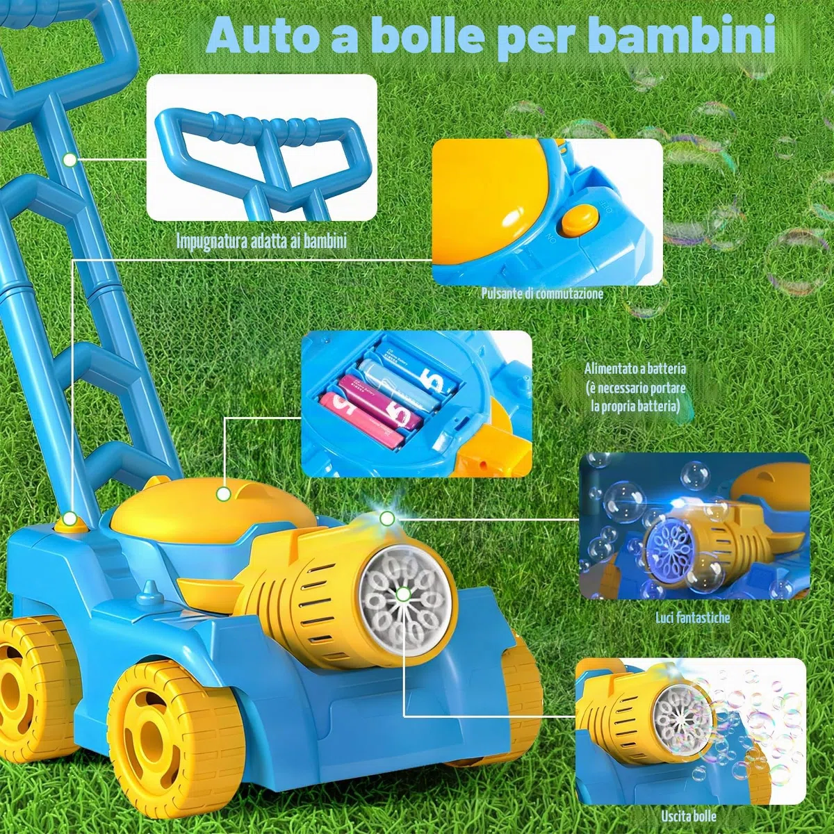Macchina per Bolle Bambini 3 Anni+, Tosaerba Bolle Anti-Perdita, Giocattoli a Sapone Con Luce LED, Macchina Automatica per Soffiatore Di Bolle, Nozze & Festa Esterna