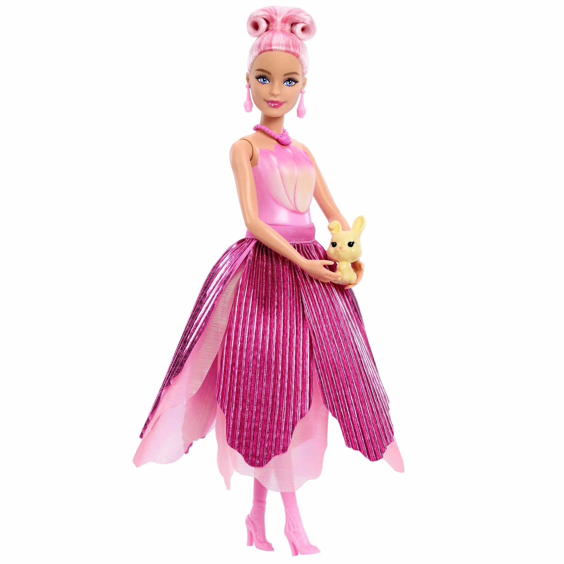 Barbie Petal Pop, bambola profumata con abito tulipano rosa e accessori, sorpresa bouquet con coniglietto e accessori come annaffiatoio, collana e orecchini, JMF57