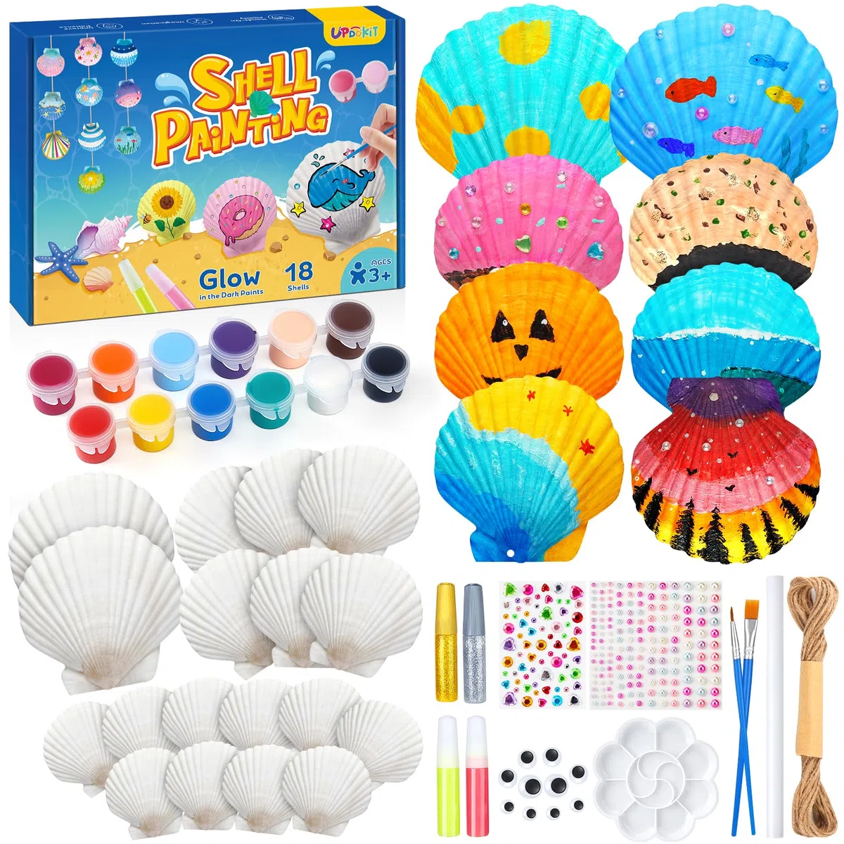 UPDOKIT Kit di Pittura di Conchiglie Marine per Bambini 3-12 Anni con 18 Conchiglie, Giocattoli Fai da Te per Ragazze e Ragazzi, Accessori per Campane a Vento